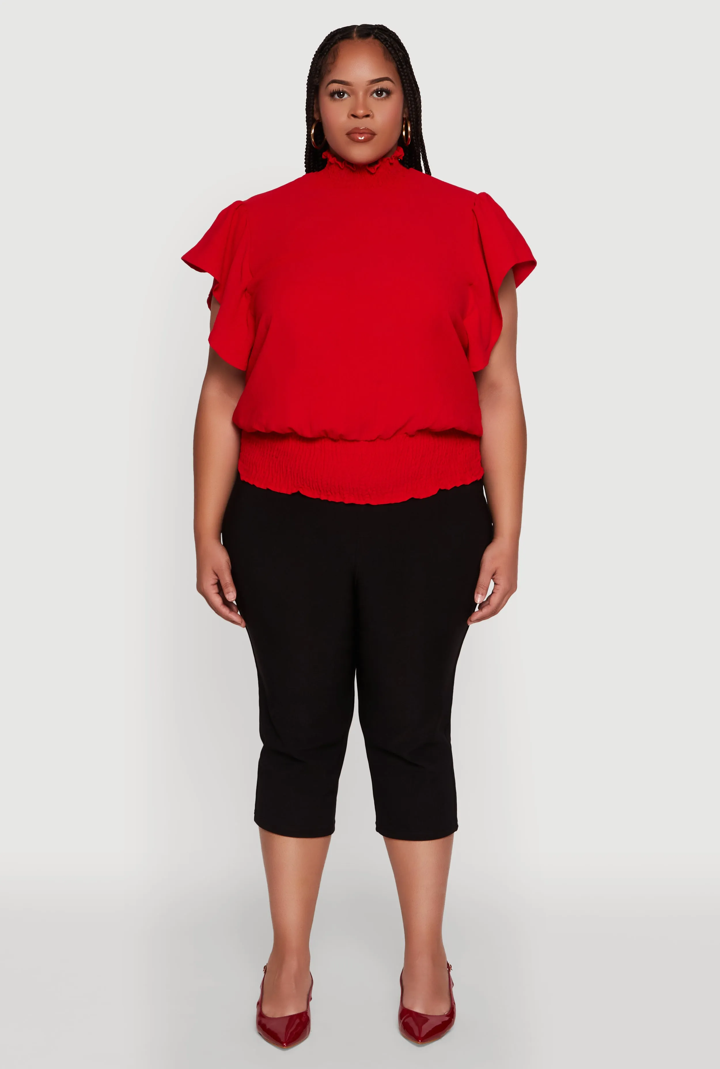 Plus Size Chic Crepe Knit Flutter Sleeves Mock Neck Blouse sold by Rainbow product image thumbnail 3