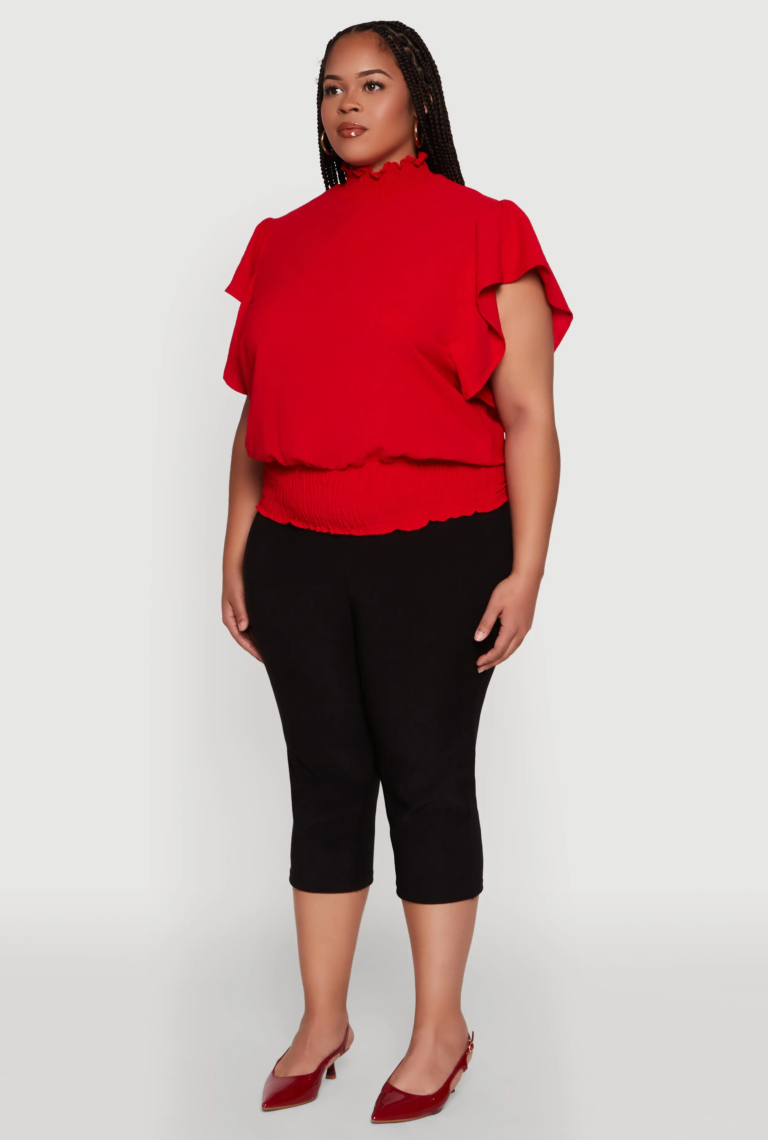 Plus Size Chic Crepe Knit Flutter Sleeves Mock Neck Blouse sold by Rainbow product image thumbnail 5