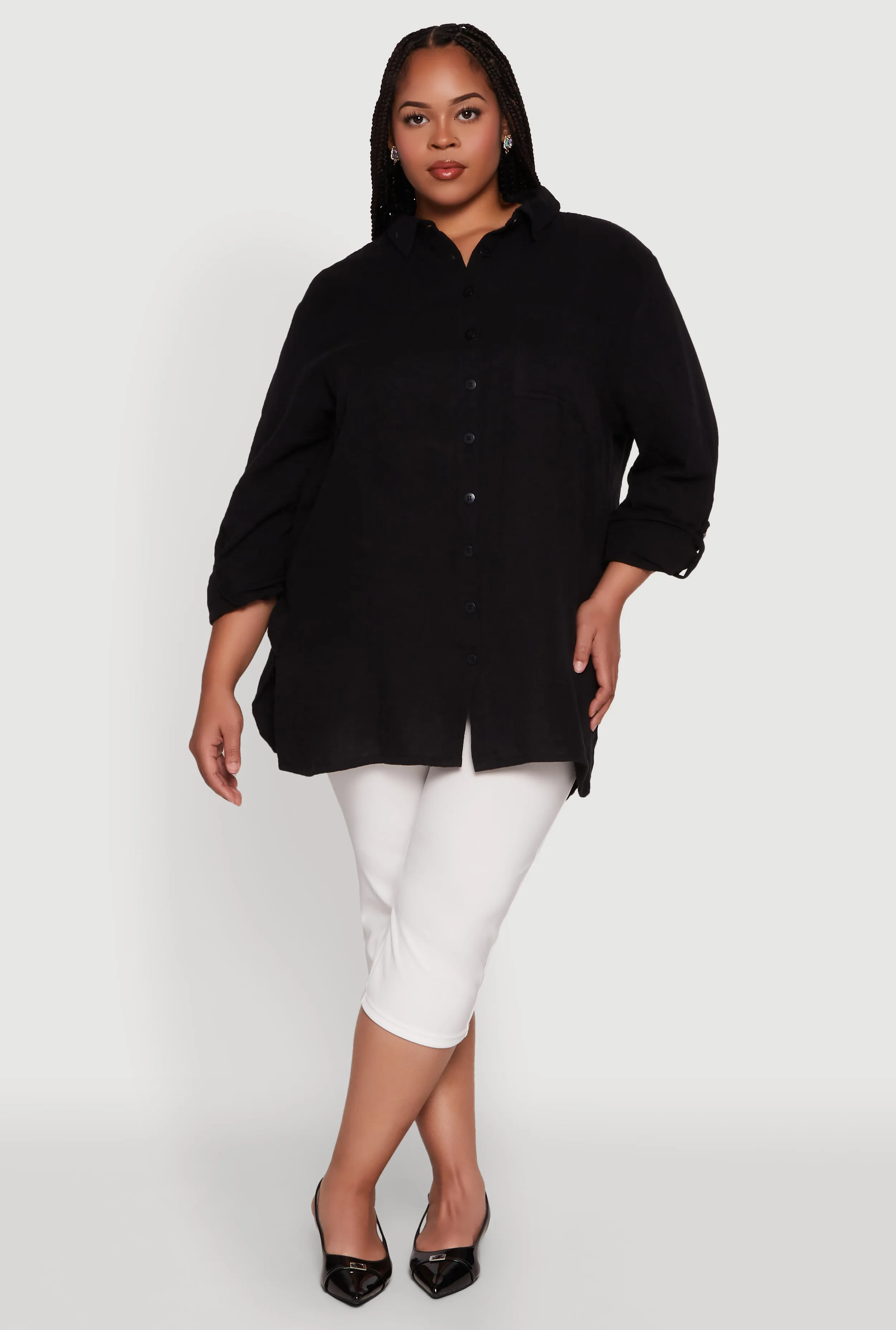 Plus Size Trendy Gauze Knit Button Front Shirt sold by Rainbow product image thumbnail 3