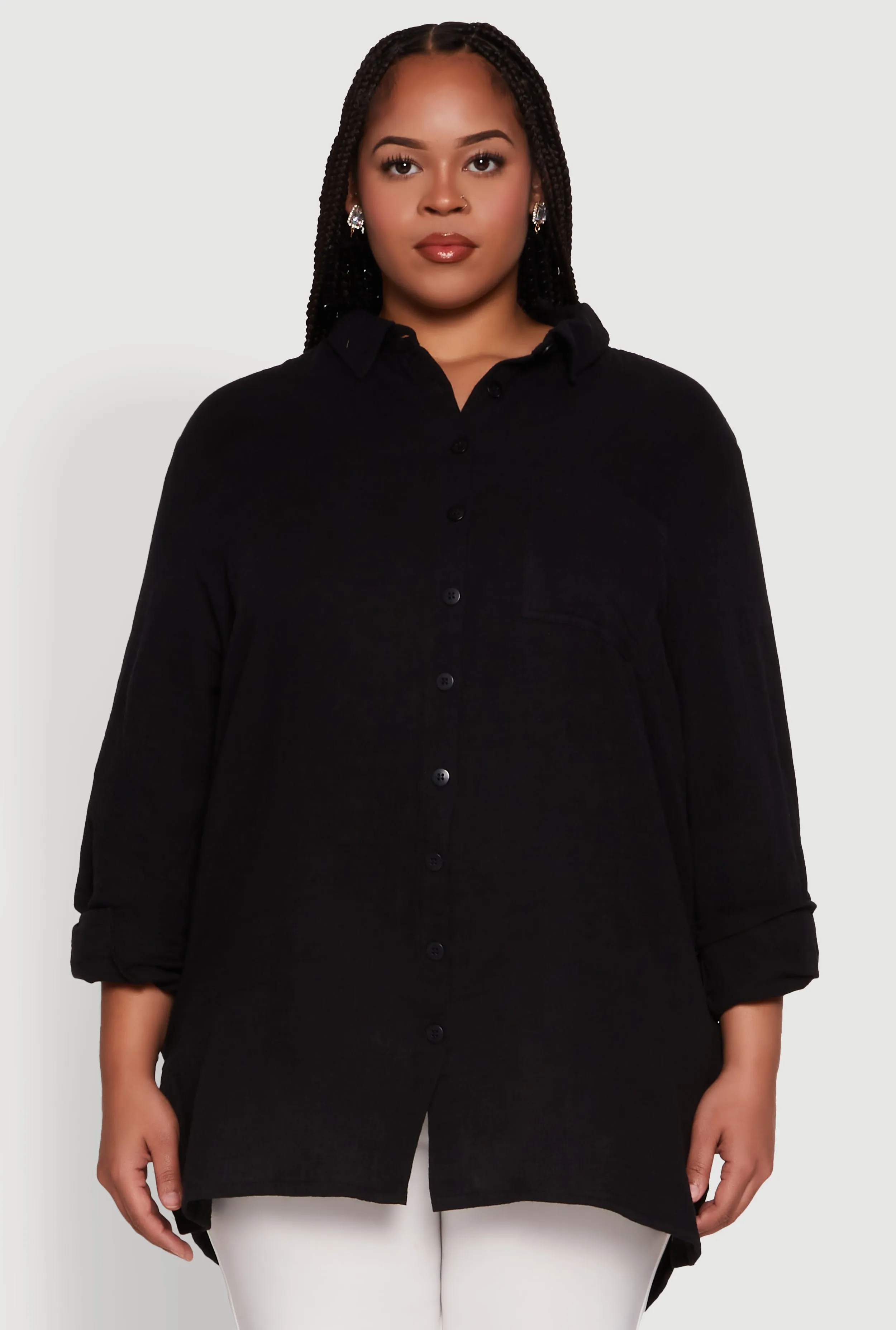 Plus Size Trendy Gauze Knit Button Front Shirt sold by Rainbow product image thumbnail 2