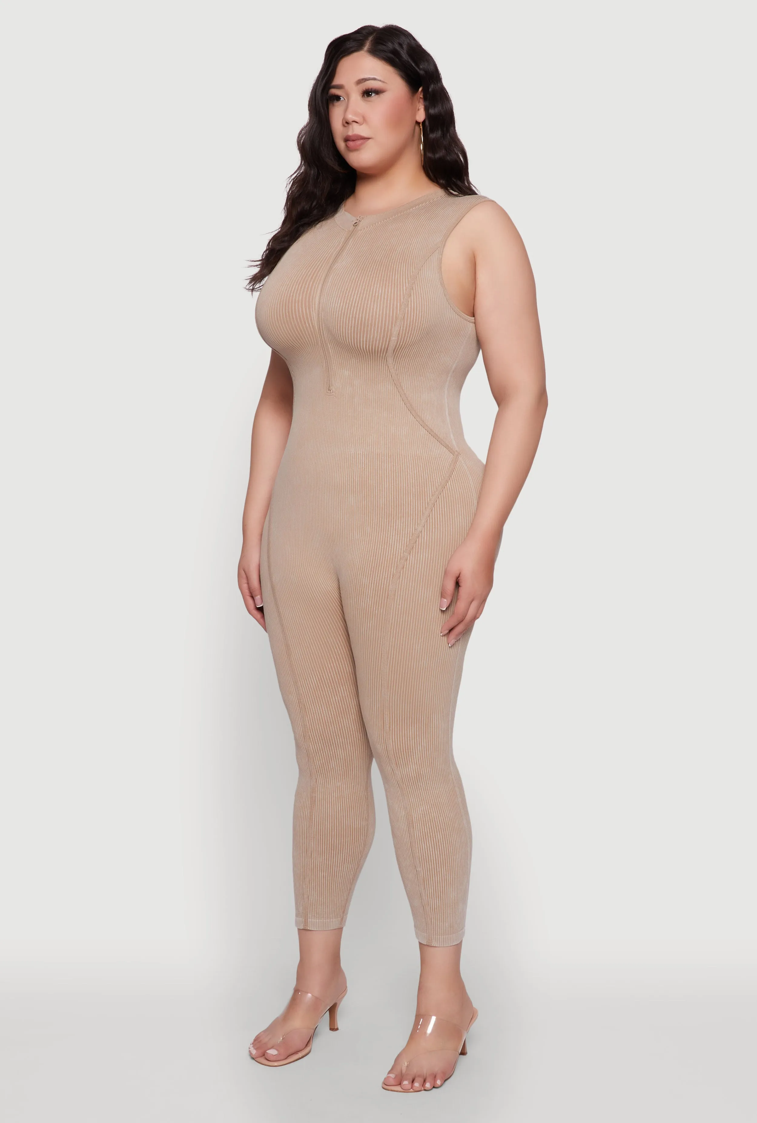 Seamless Ribbed Knit Sleeveless Jumpsuit with Zip Neck sold by Rainbow product image thumbnail 3