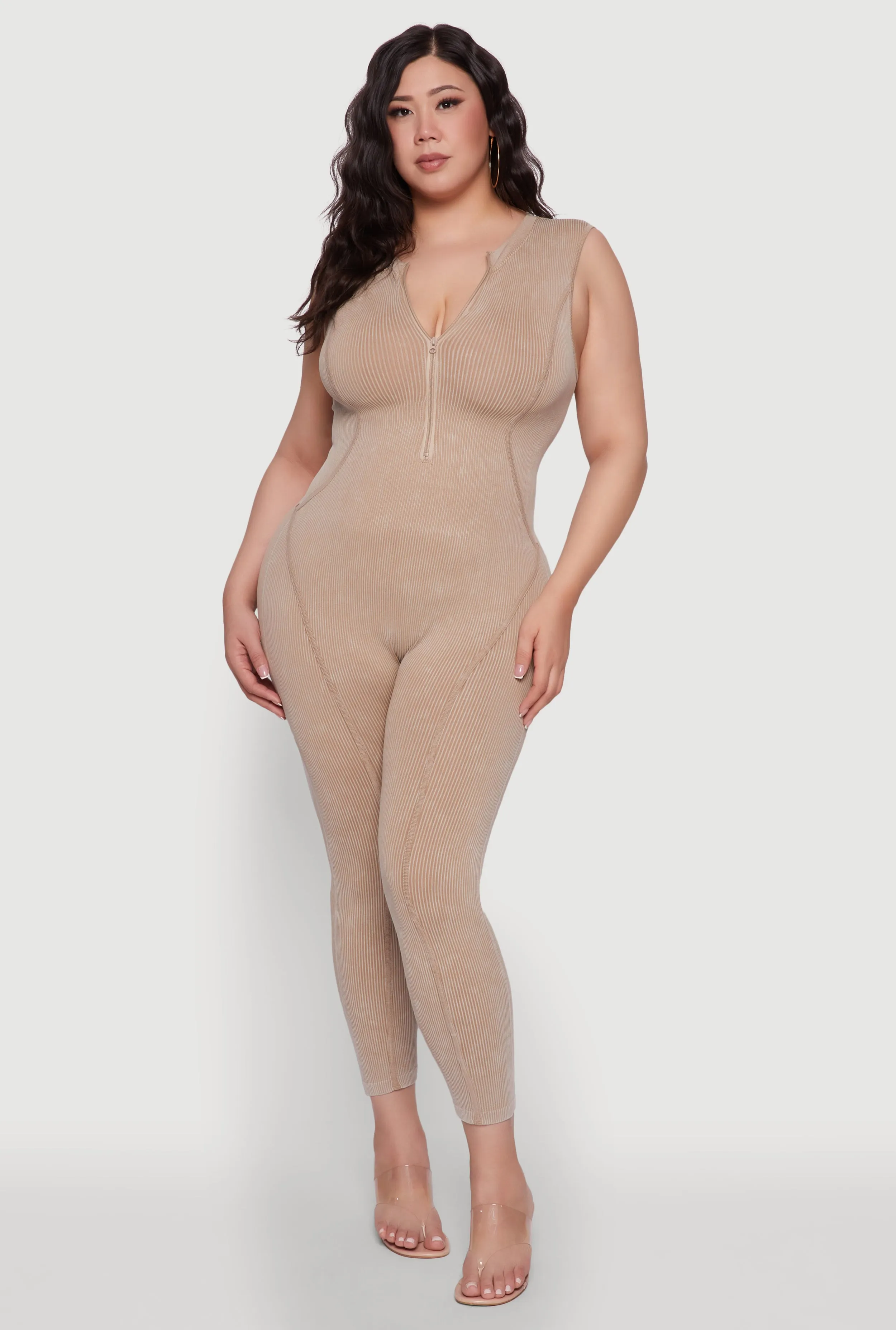 Seamless Ribbed Knit Sleeveless Jumpsuit with Zip Neck sold by Rainbow