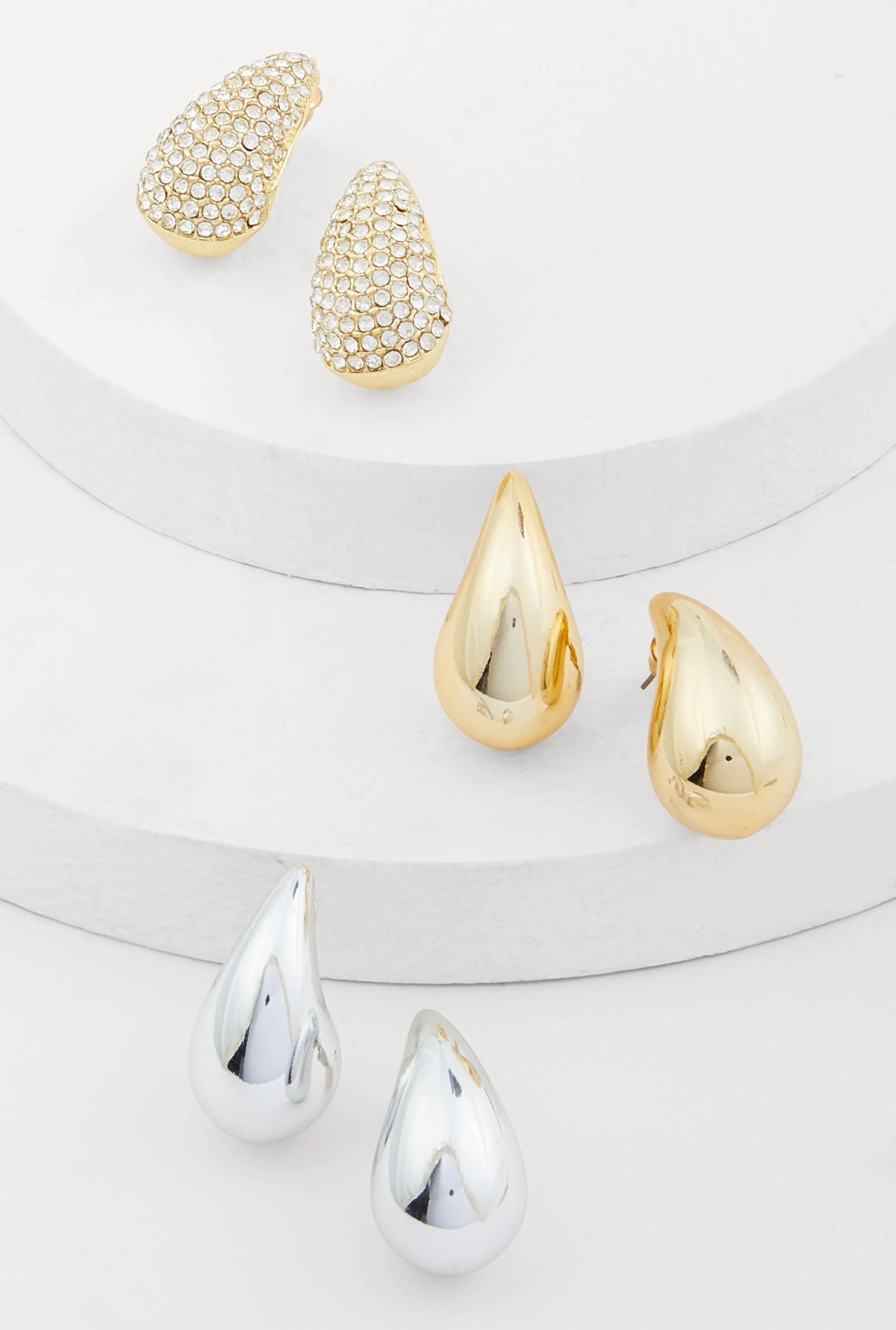 Metallic Rhinestone Teardrop Stud Earrings Set of 3 sold by Rainbow
