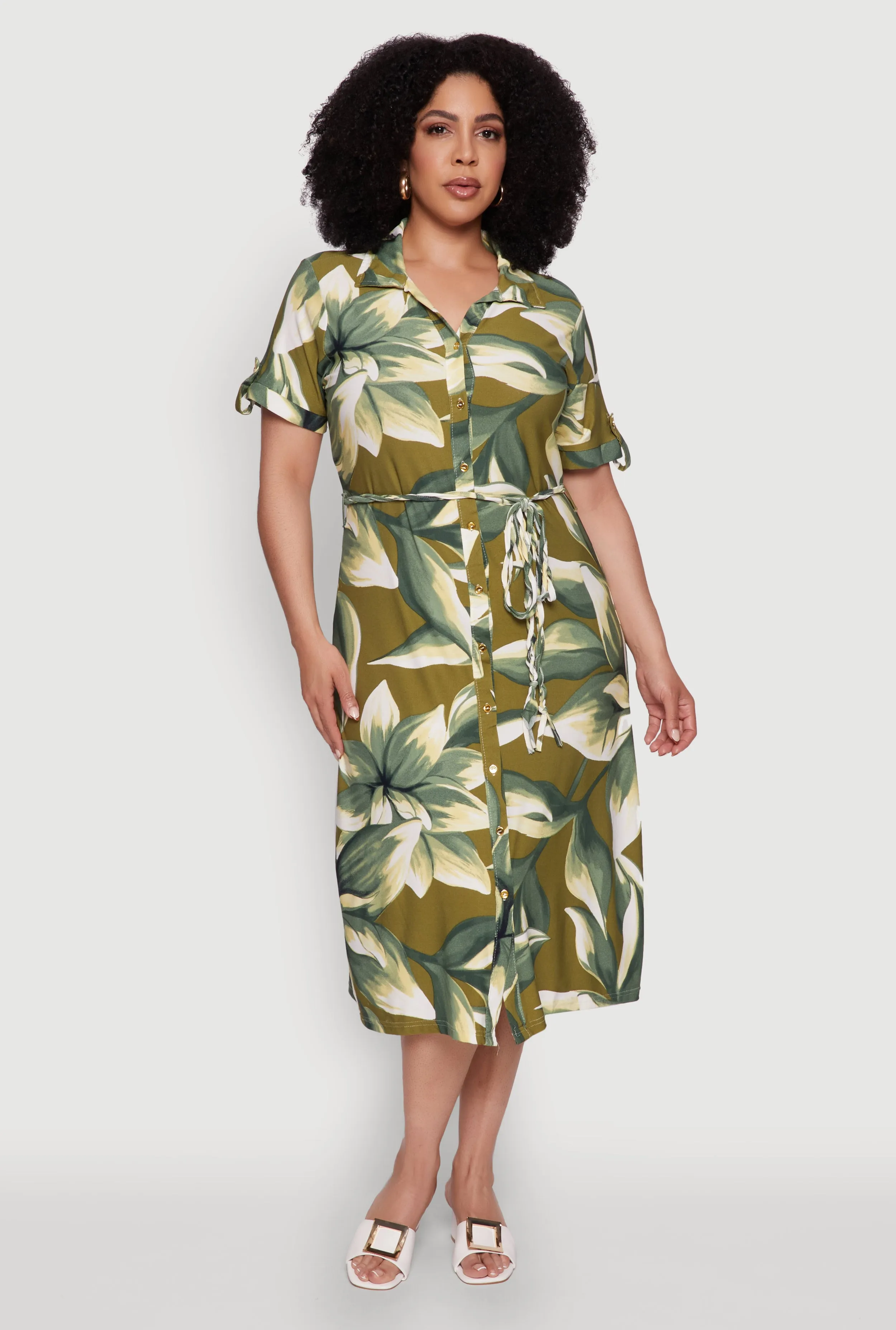 Plus Size Floral Print Shirt Dress with Tie Waist Belt sold by Rainbow