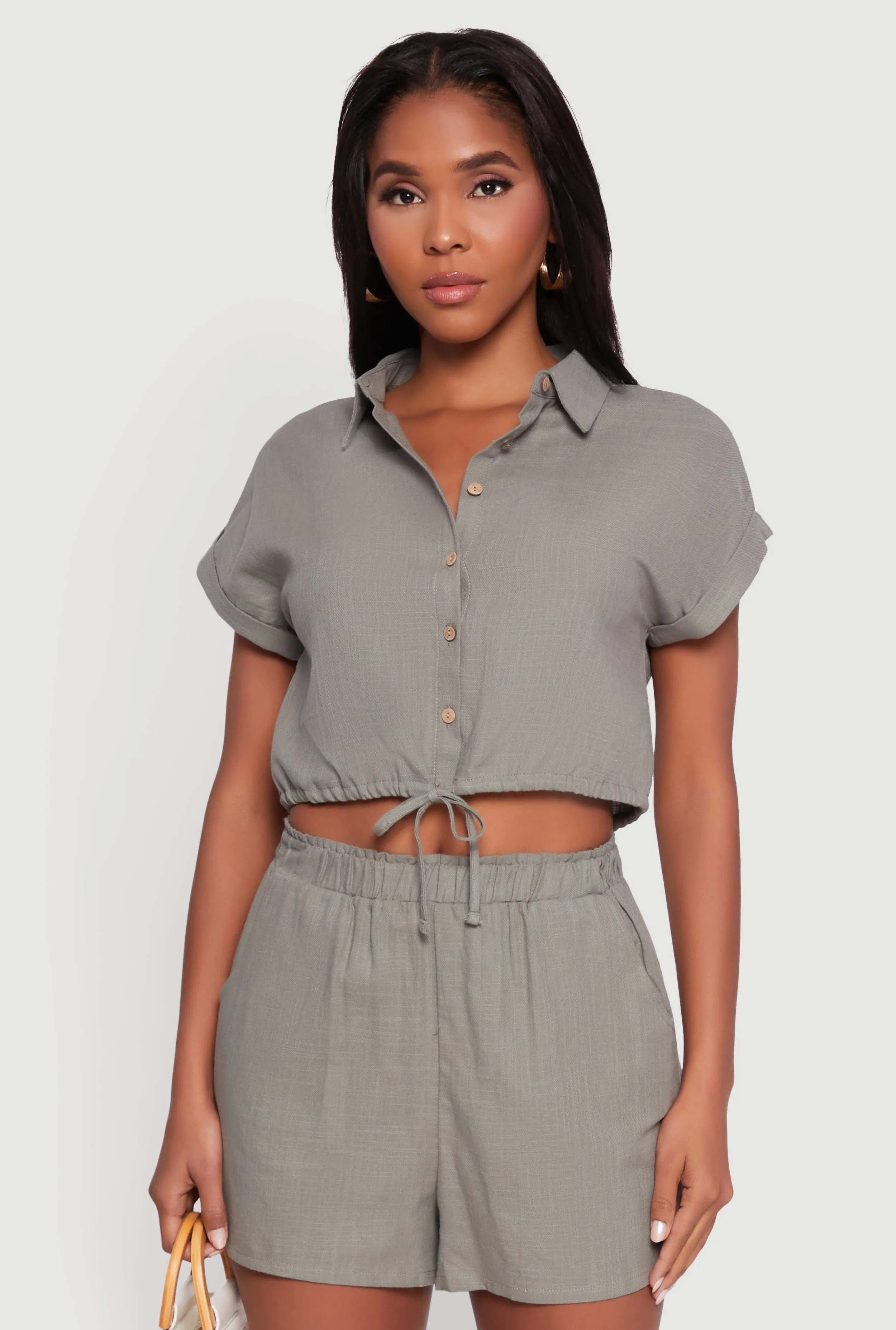 Stylish Button Front Cropped Shirt with Rolled Cuffs sold by Rainbow