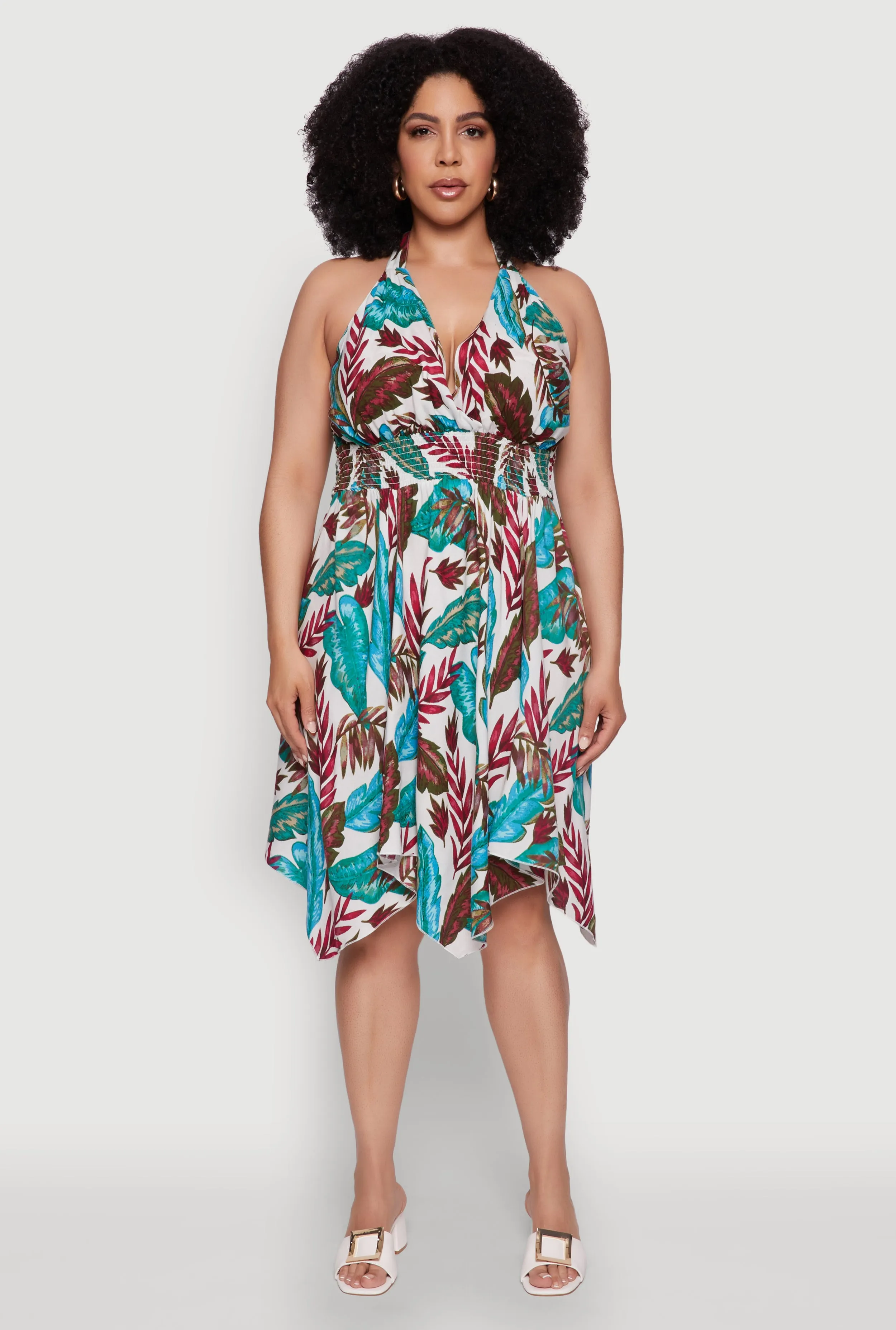 Plus Size Leaf Print Sundress with Halter Neck and Sharkbite Hem sold by Rainbow