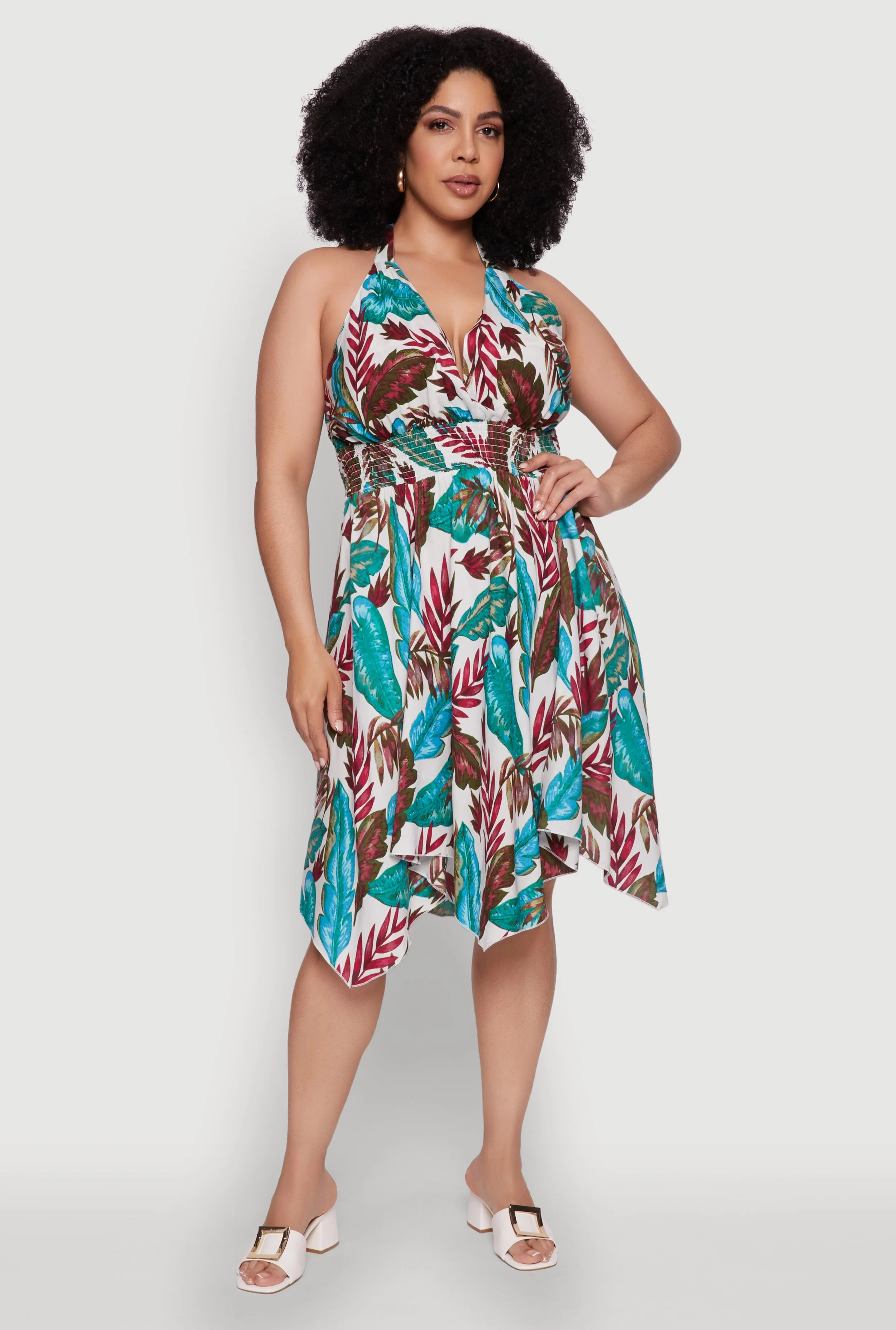 Plus Size Leaf Print Sundress with Halter Neck and Sharkbite Hem sold by Rainbow product image thumbnail 2
