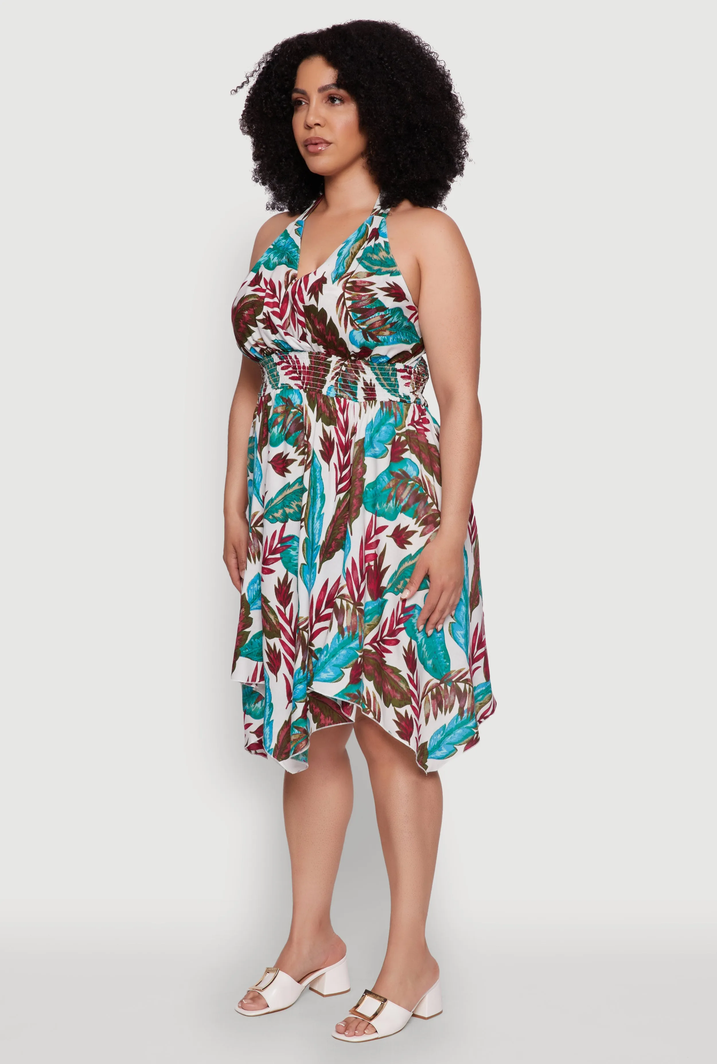 Plus Size Leaf Print Sundress with Halter Neck and Sharkbite Hem sold by Rainbow product image thumbnail 3