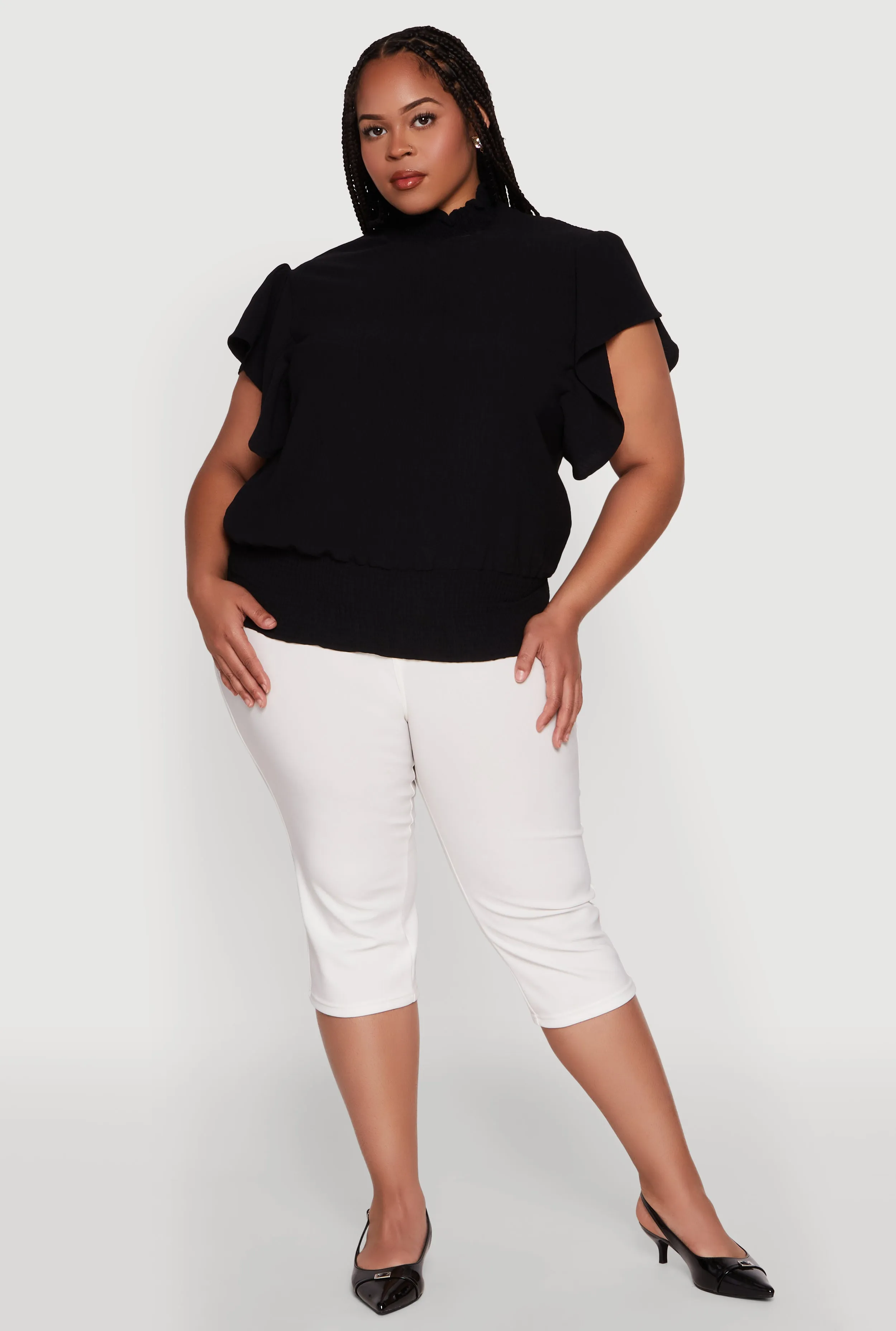 Plus Size Chic Crepe Knit Flutter Sleeves Mock Neck Blouse sold by Rainbow