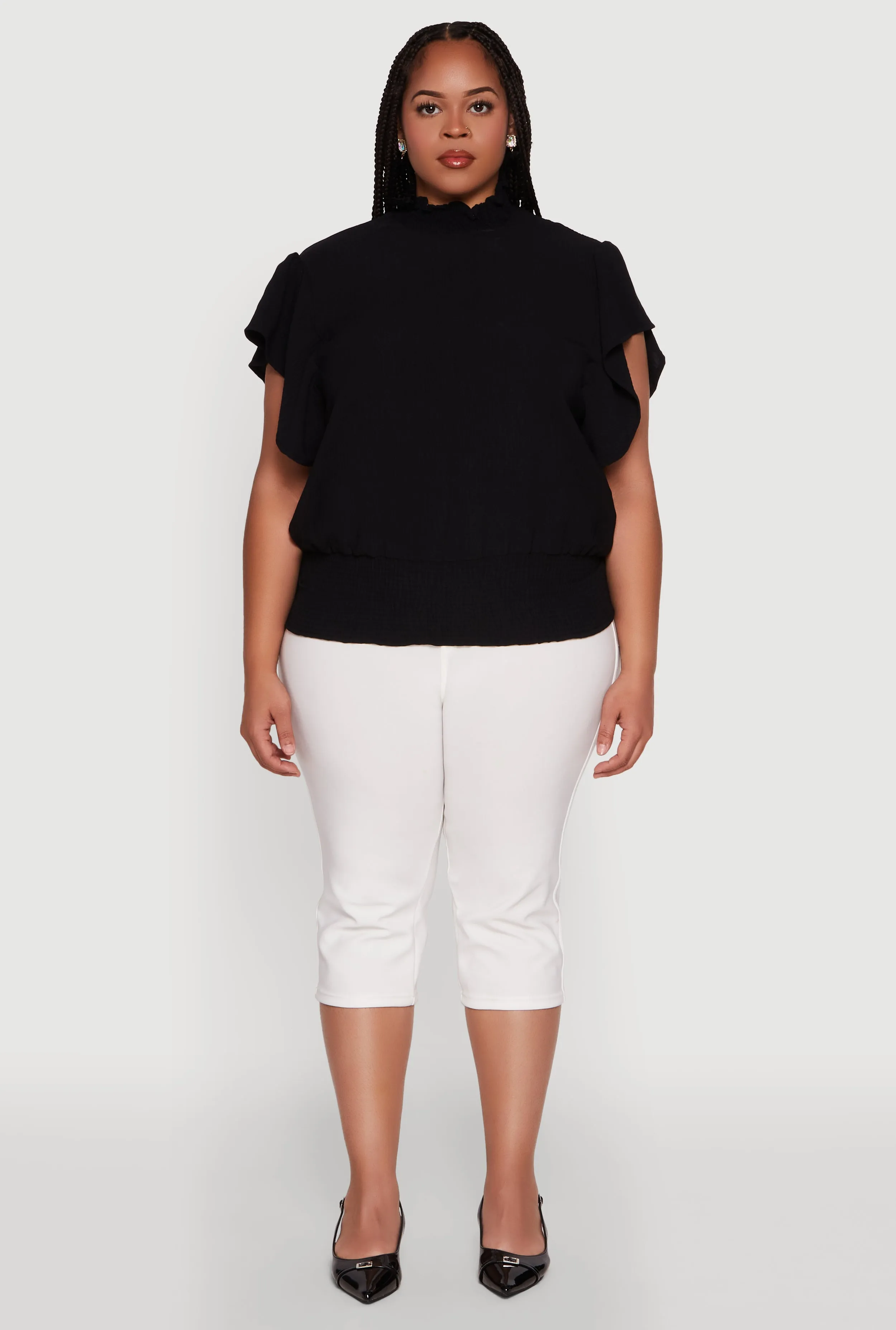 Plus Size Chic Crepe Knit Flutter Sleeves Mock Neck Blouse sold by Rainbow product image thumbnail 3