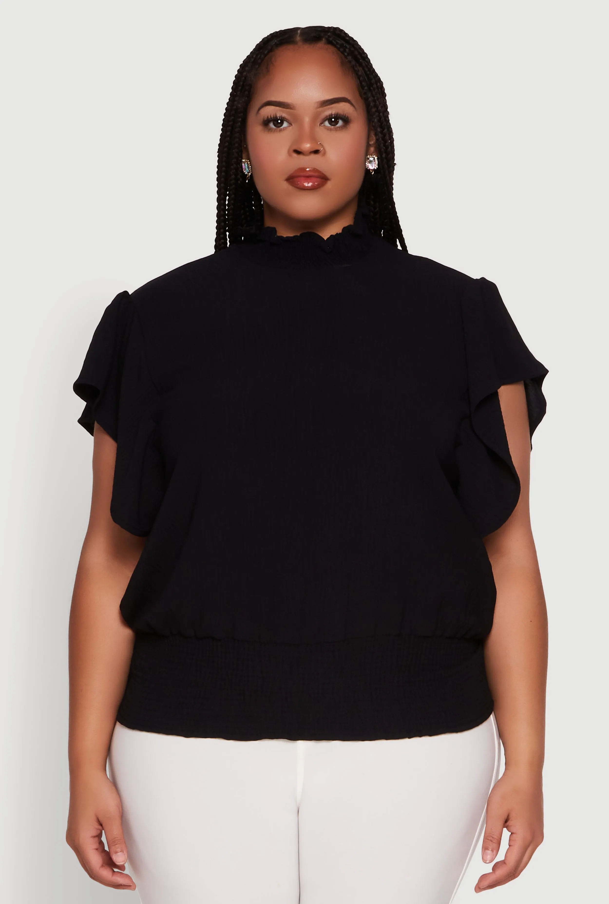 Plus Size Chic Crepe Knit Flutter Sleeves Mock Neck Blouse sold by Rainbow product image thumbnail 2