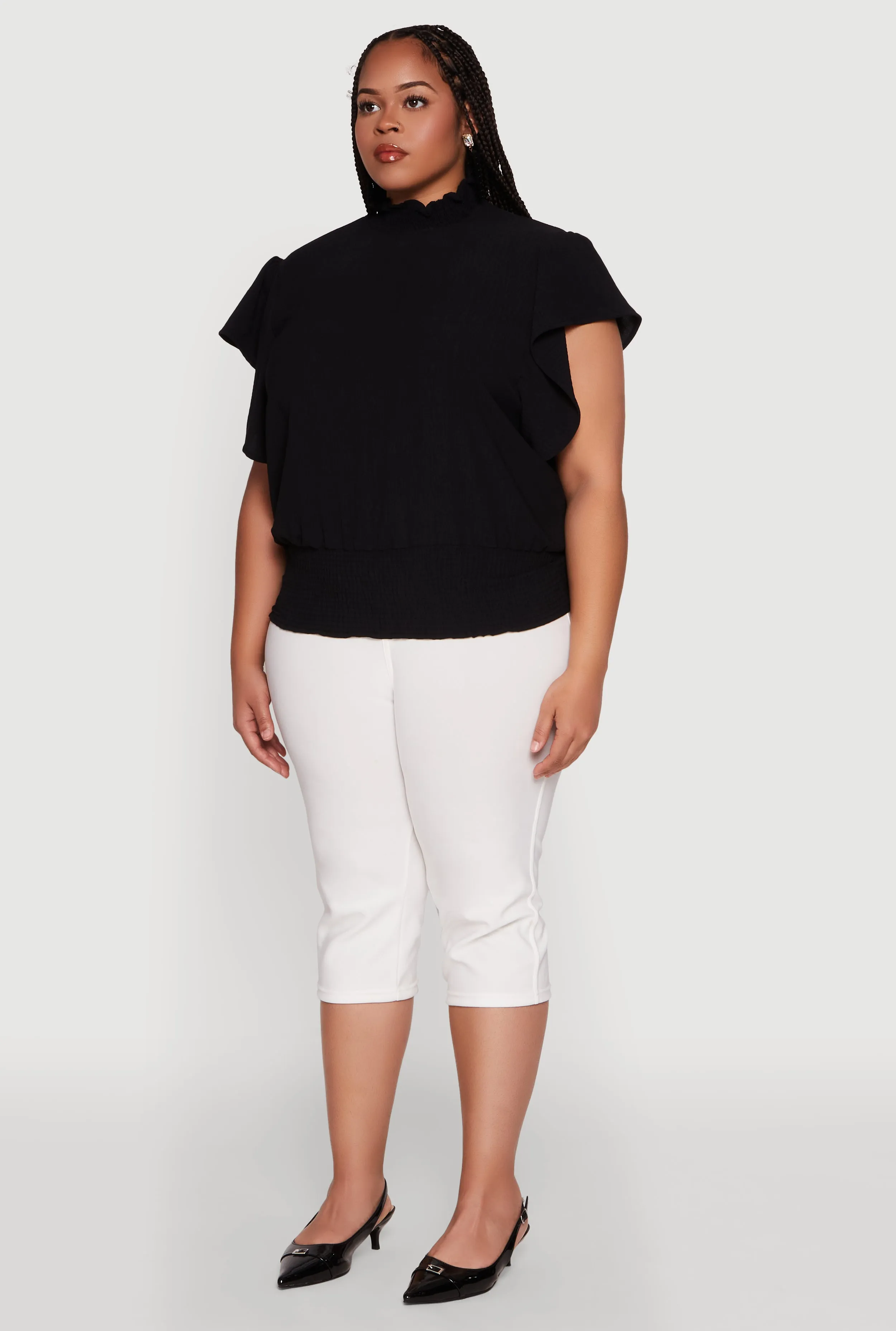 Plus Size Chic Crepe Knit Flutter Sleeves Mock Neck Blouse sold by Rainbow product image thumbnail 5