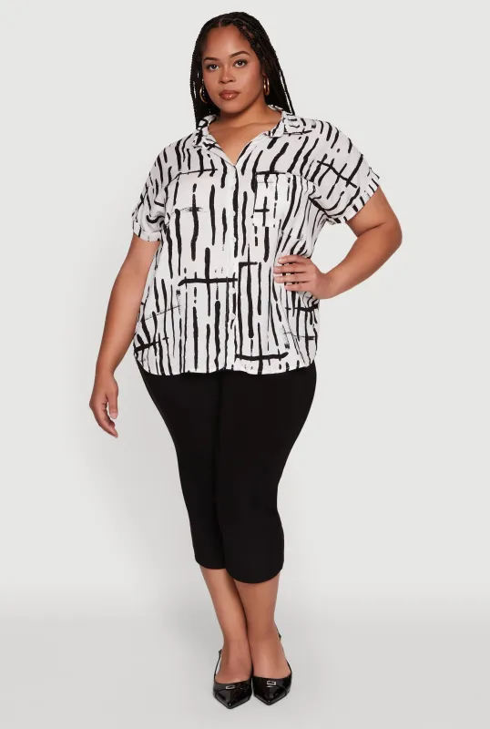 Plus Size Abstract Print Button Front High Low Shirt sold by Rainbow