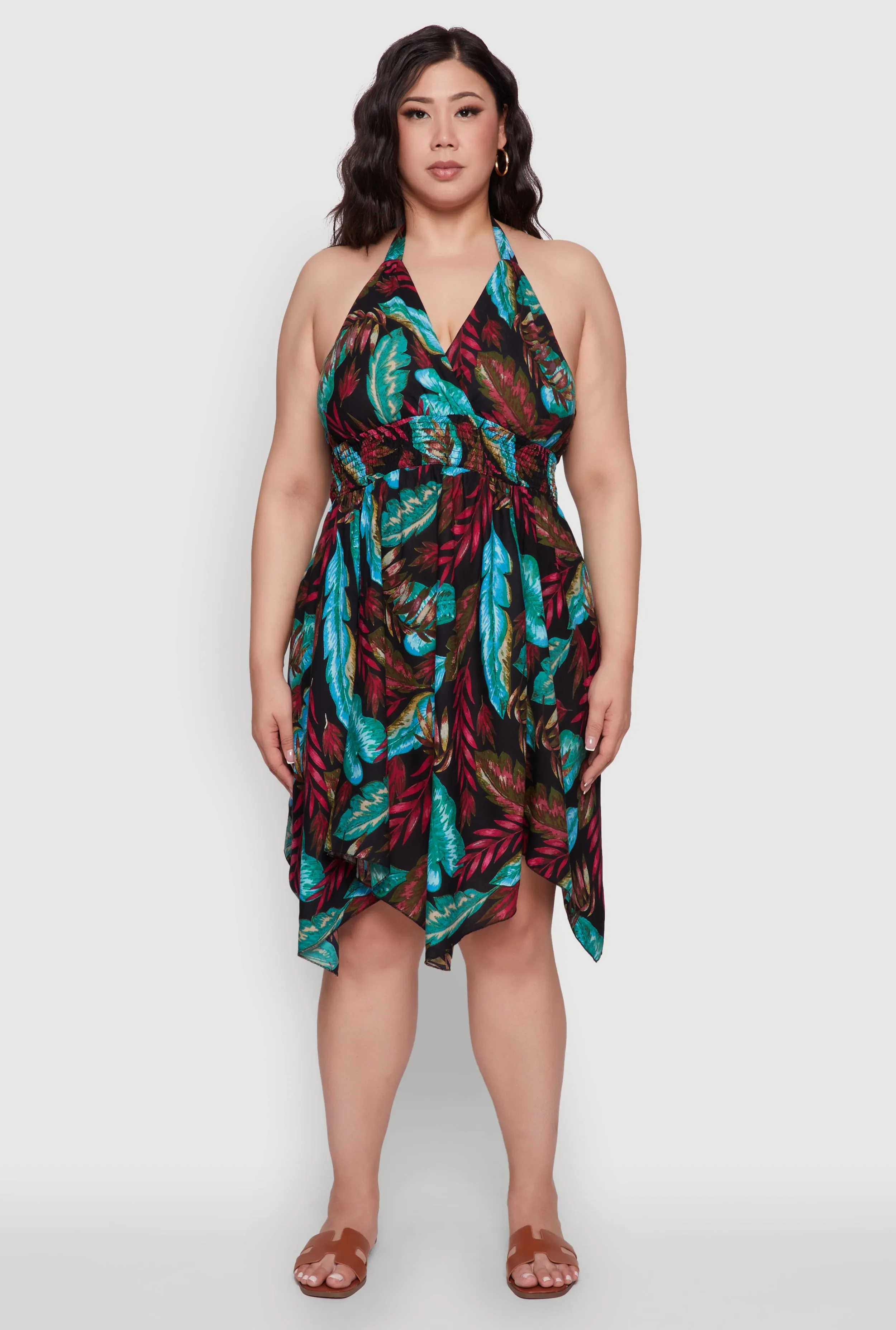 Plus Size Leaf Print Sundress with Halter Neck and Sharkbite Hem sold by Rainbow