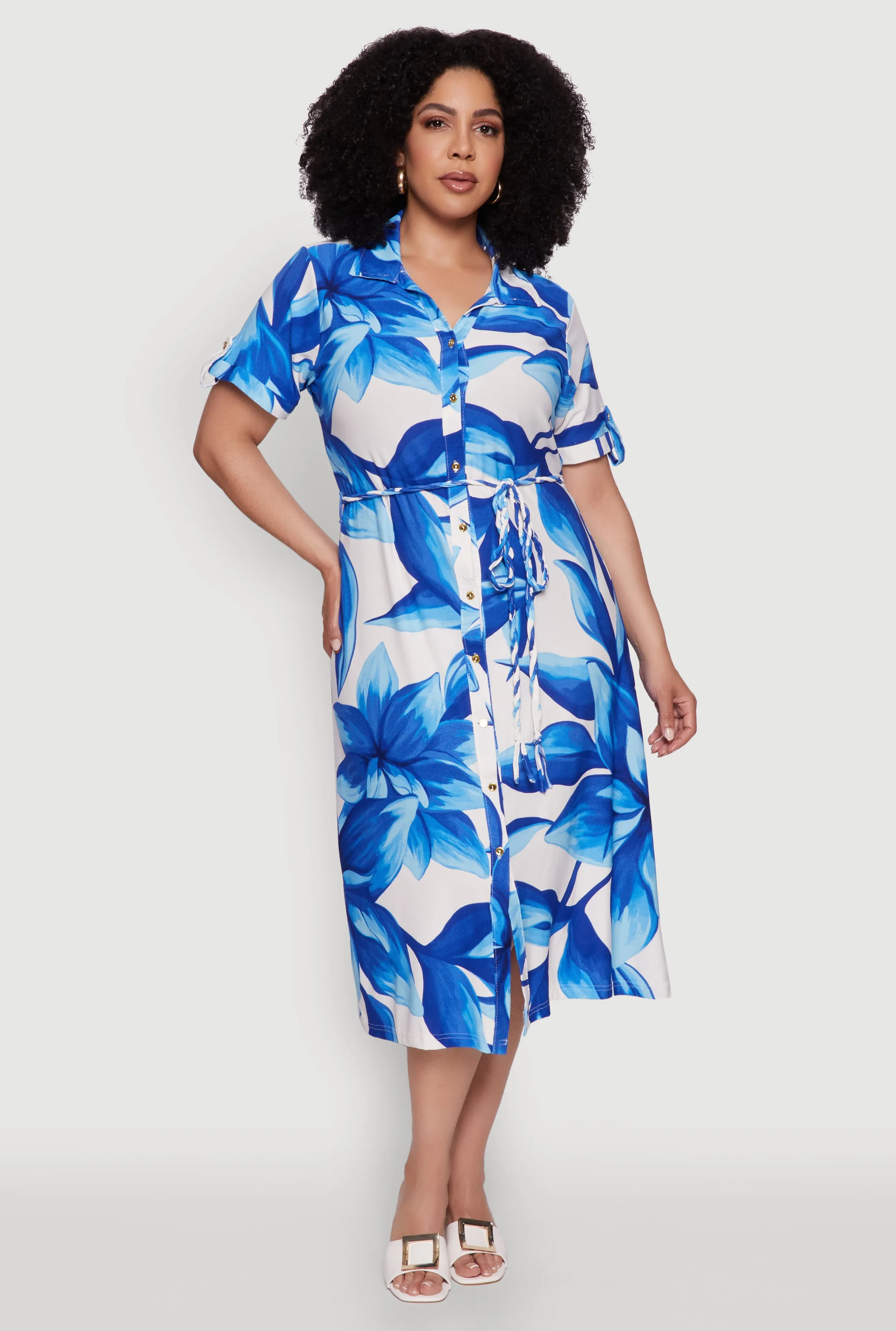 Plus Size Floral Print Shirt Dress with Tie Waist Belt sold by Rainbow