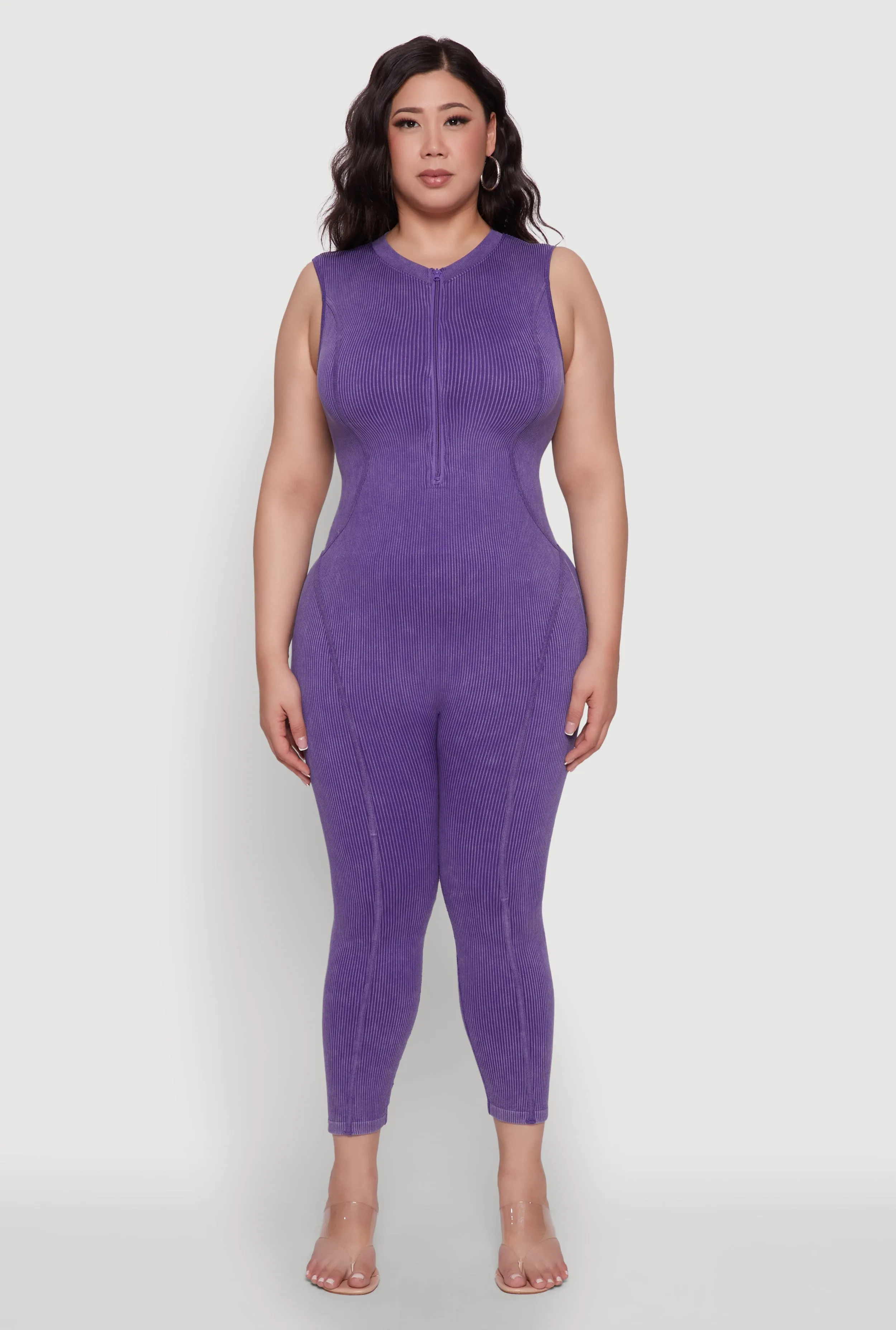 Seamless Ribbed Knit Sleeveless Jumpsuit with Zip Neck sold by Rainbow product image thumbnail 2