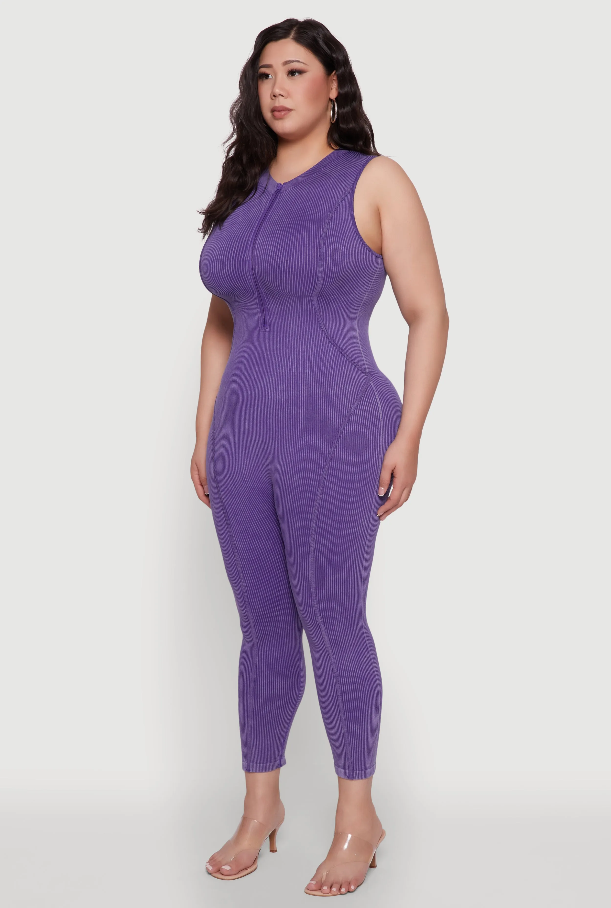 Seamless Ribbed Knit Sleeveless Jumpsuit with Zip Neck sold by Rainbow product image thumbnail 3
