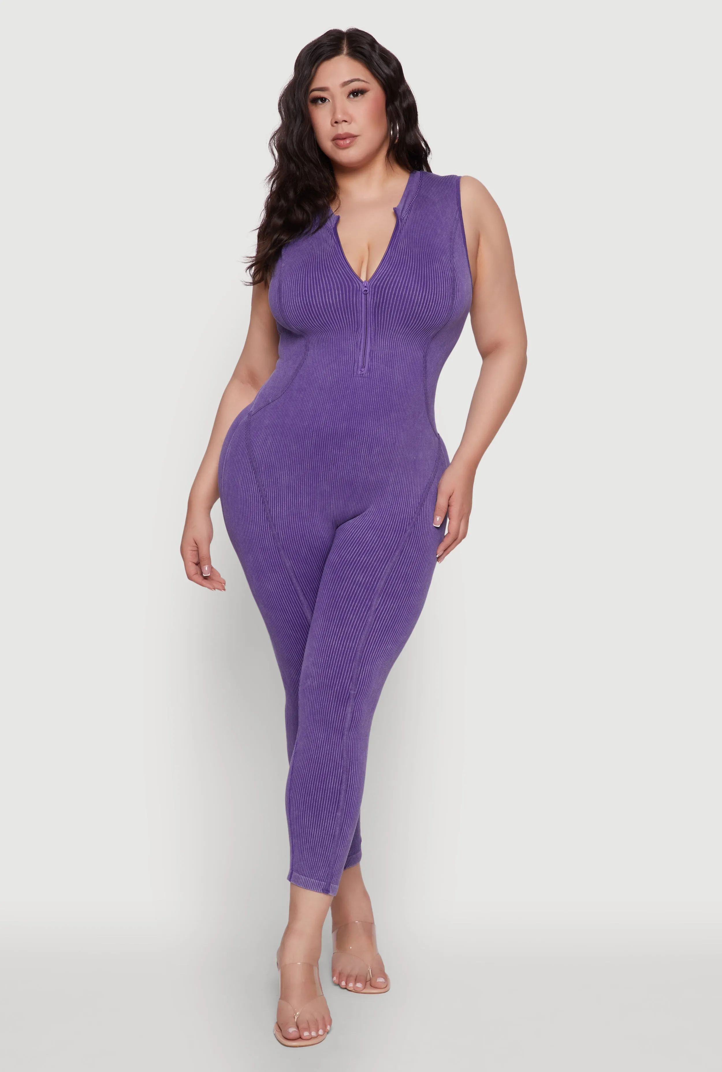 Seamless Ribbed Knit Sleeveless Jumpsuit with Zip Neck sold by Rainbow