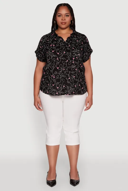 Plus Size Swirl Face Print Button Front Shirt sold by Rainbow