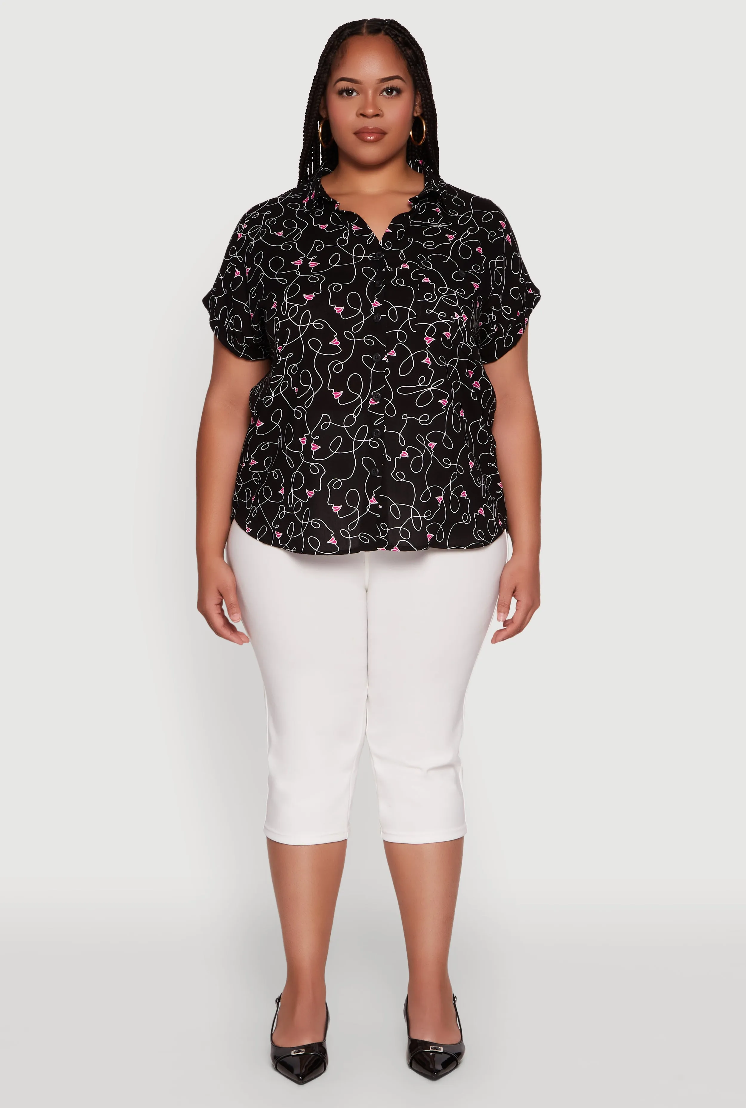 Plus Size Swirl Face Print Button Front Shirt sold by Rainbow