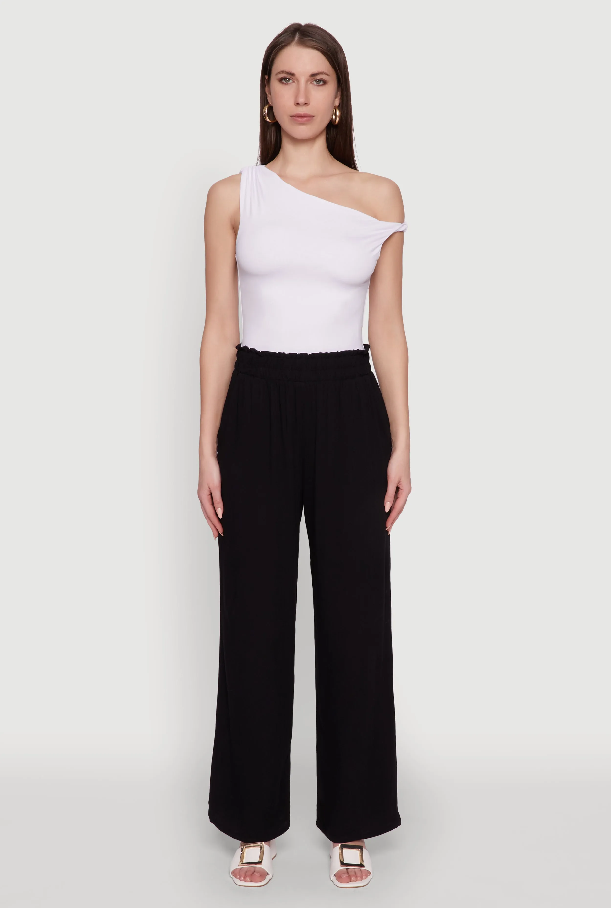 Trendy Smocked Paper Bag Waist Palazzo Pants sold by Rainbow