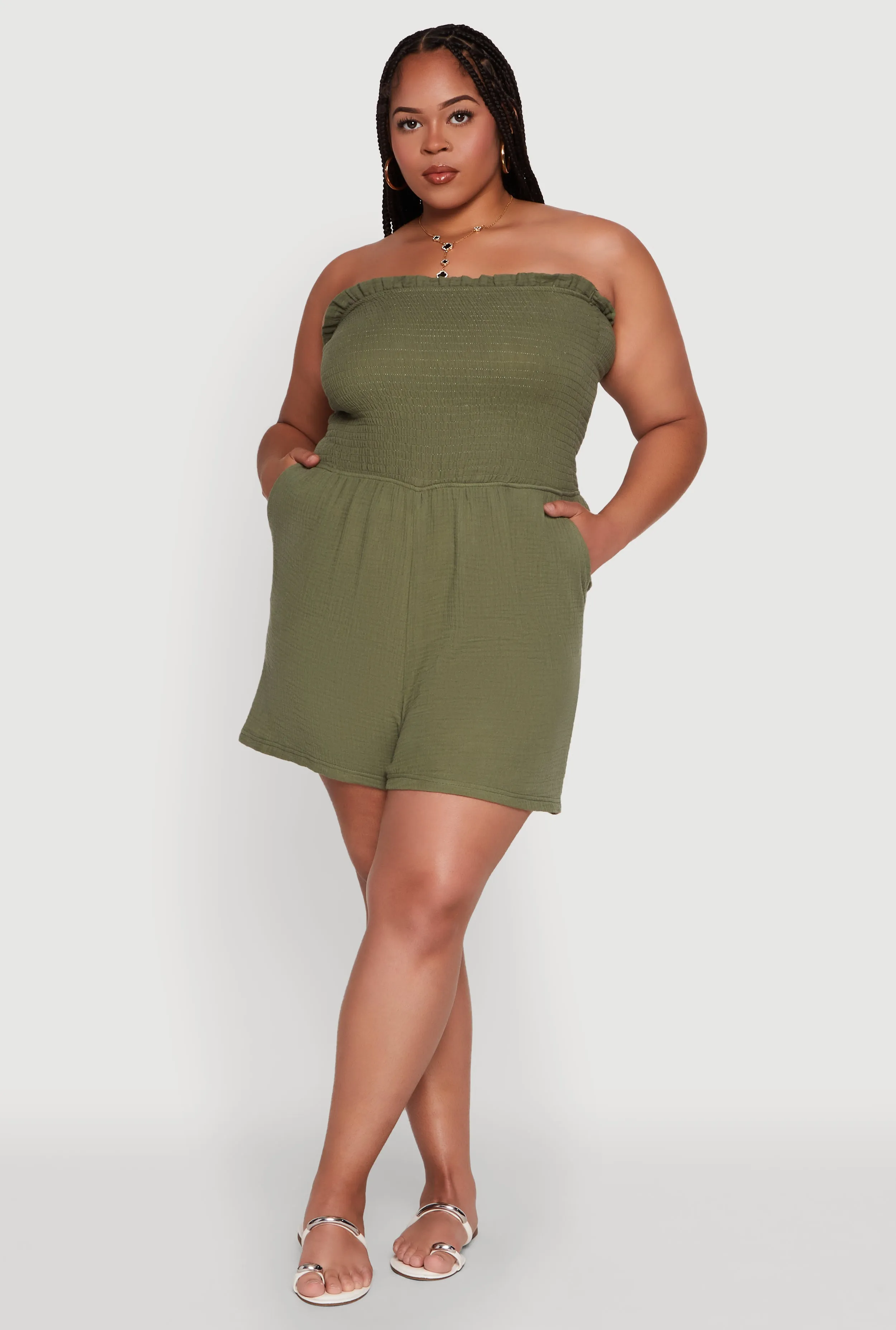 Plus Size Textured Knit Strapless Smocked Romper sold by Rainbow