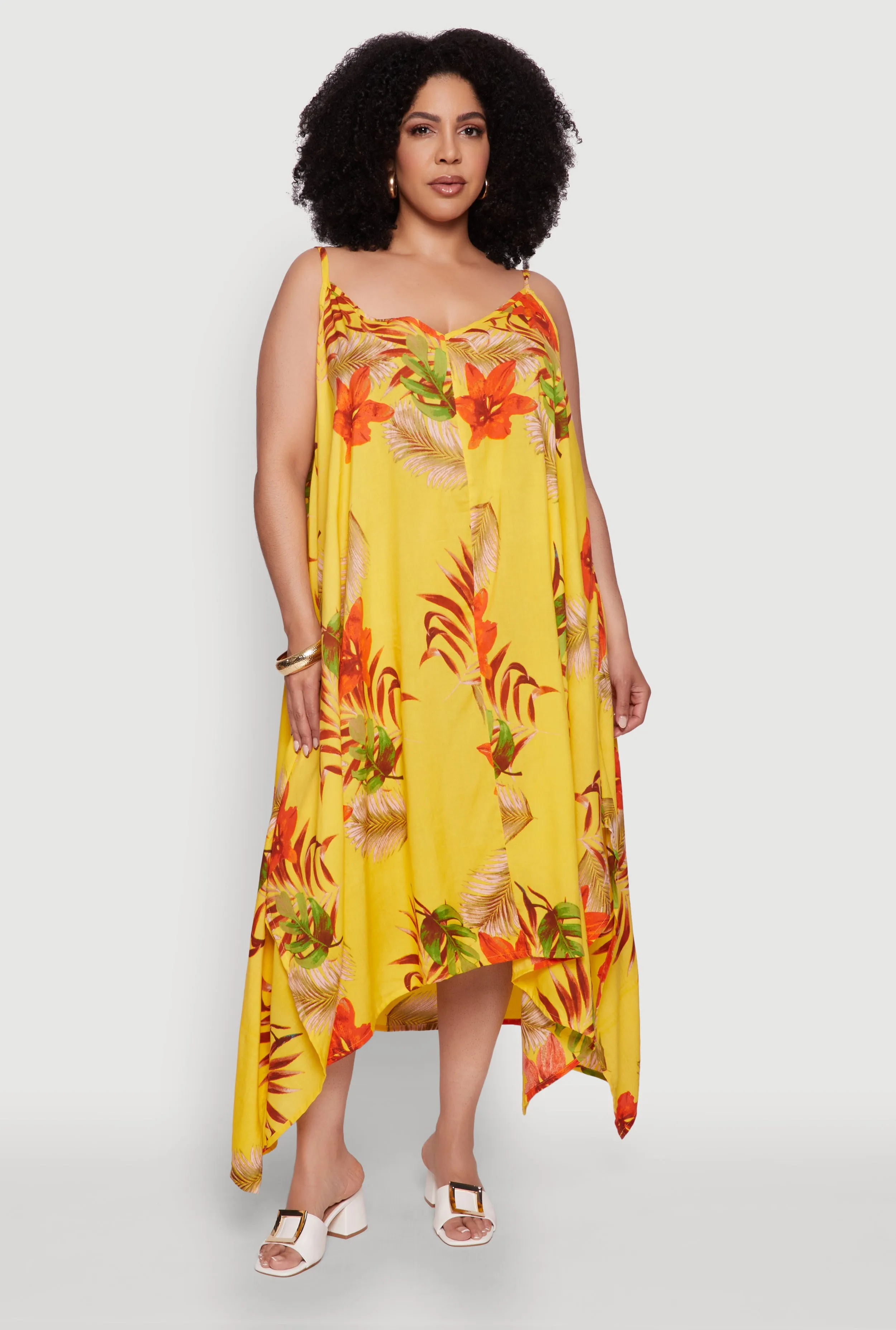 Plus Size Tropical Floral Sleeveless Sundress with Sharkbite Hem sold by Rainbow