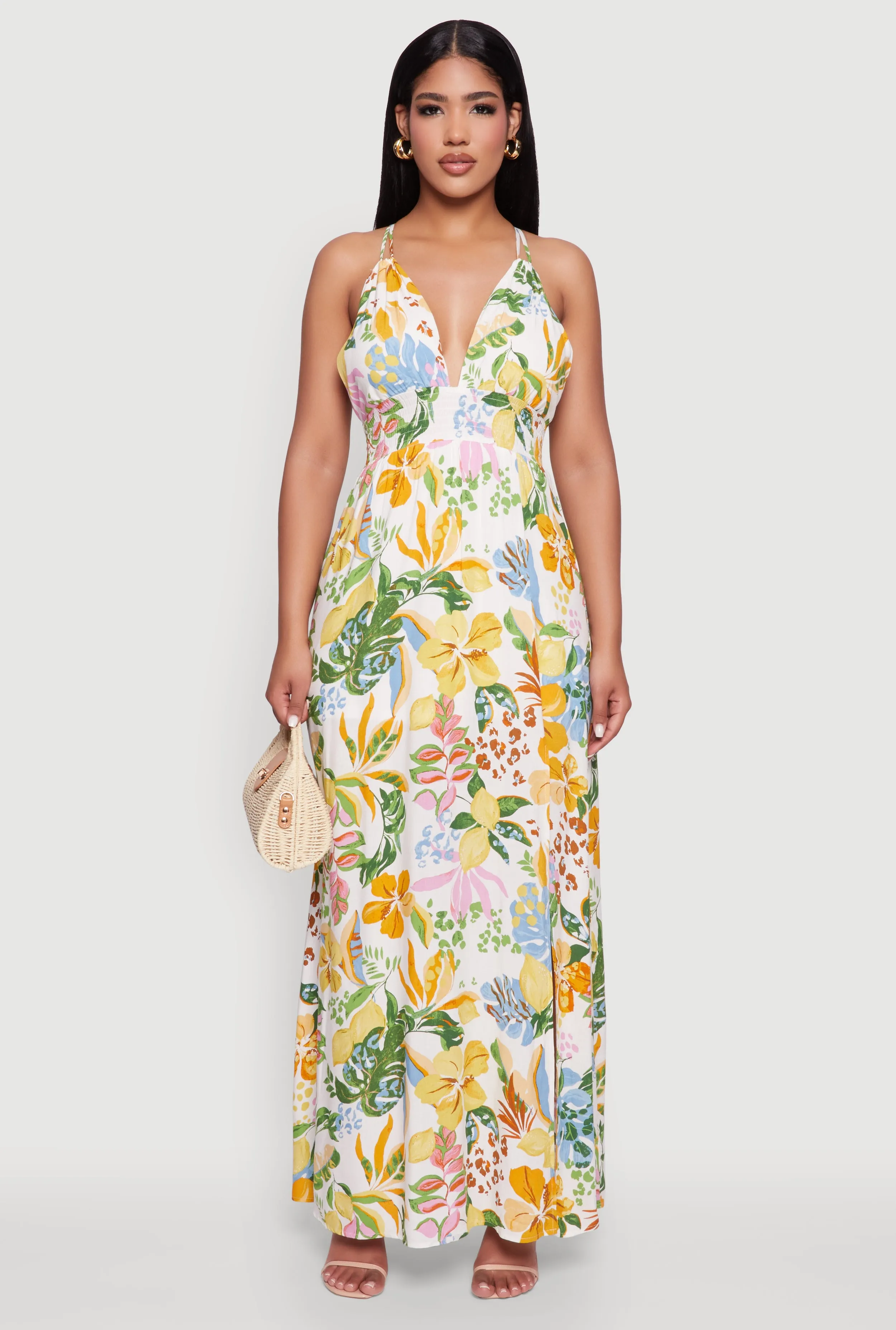 Chic Floral Sleeveless Sundress with Side Slit and Caged Back sold by Rainbow