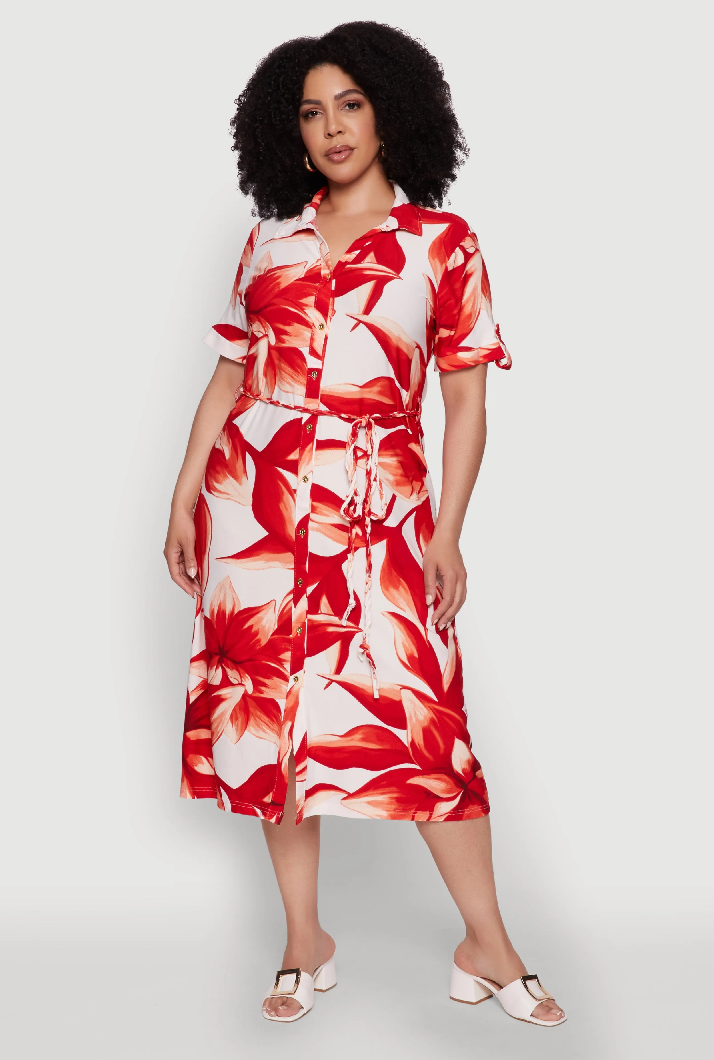 Plus Size Floral Print Shirt Dress with Tie Waist Belt sold by Rainbow