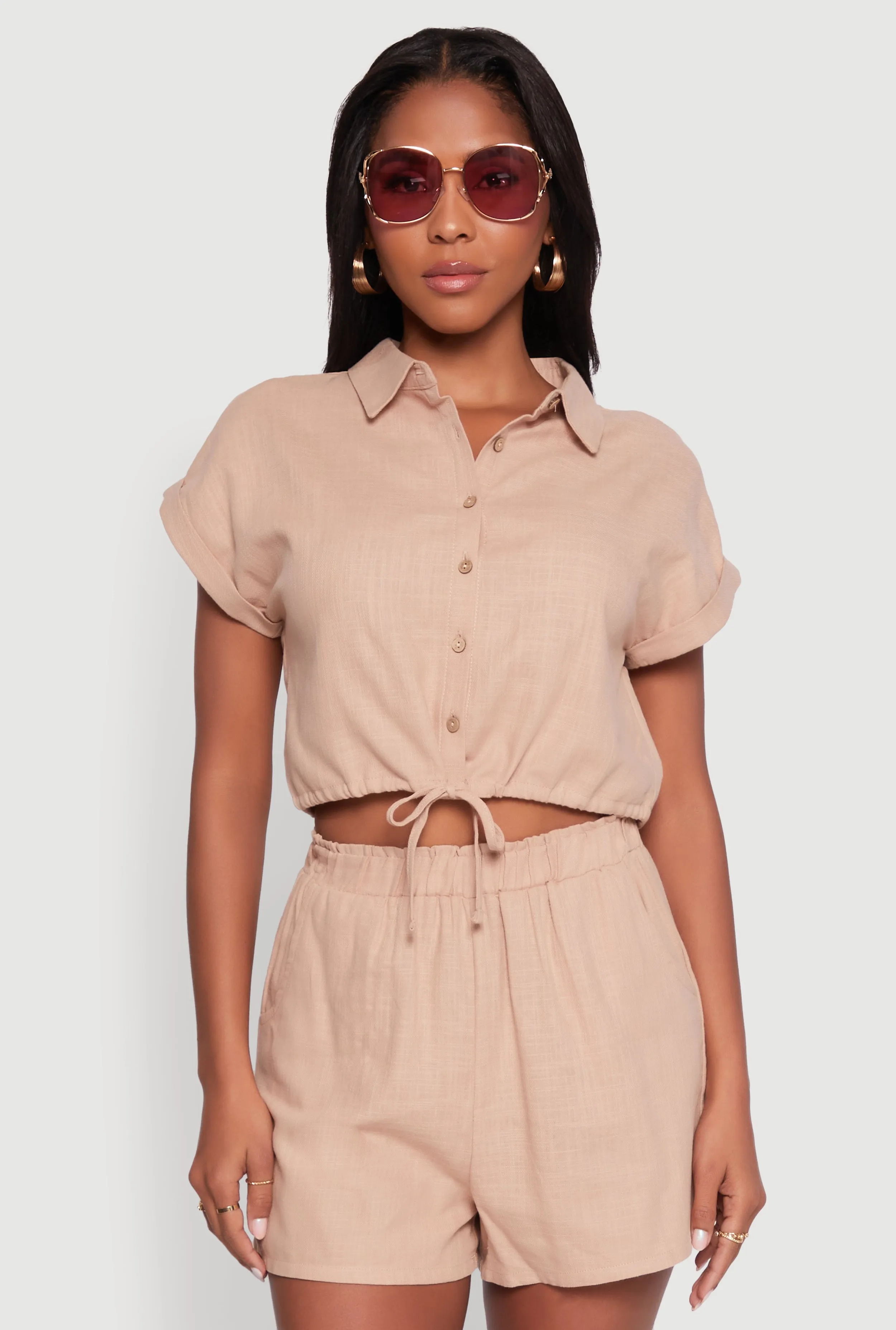 Stylish Button Front Cropped Shirt with Rolled Cuffs sold by Rainbow