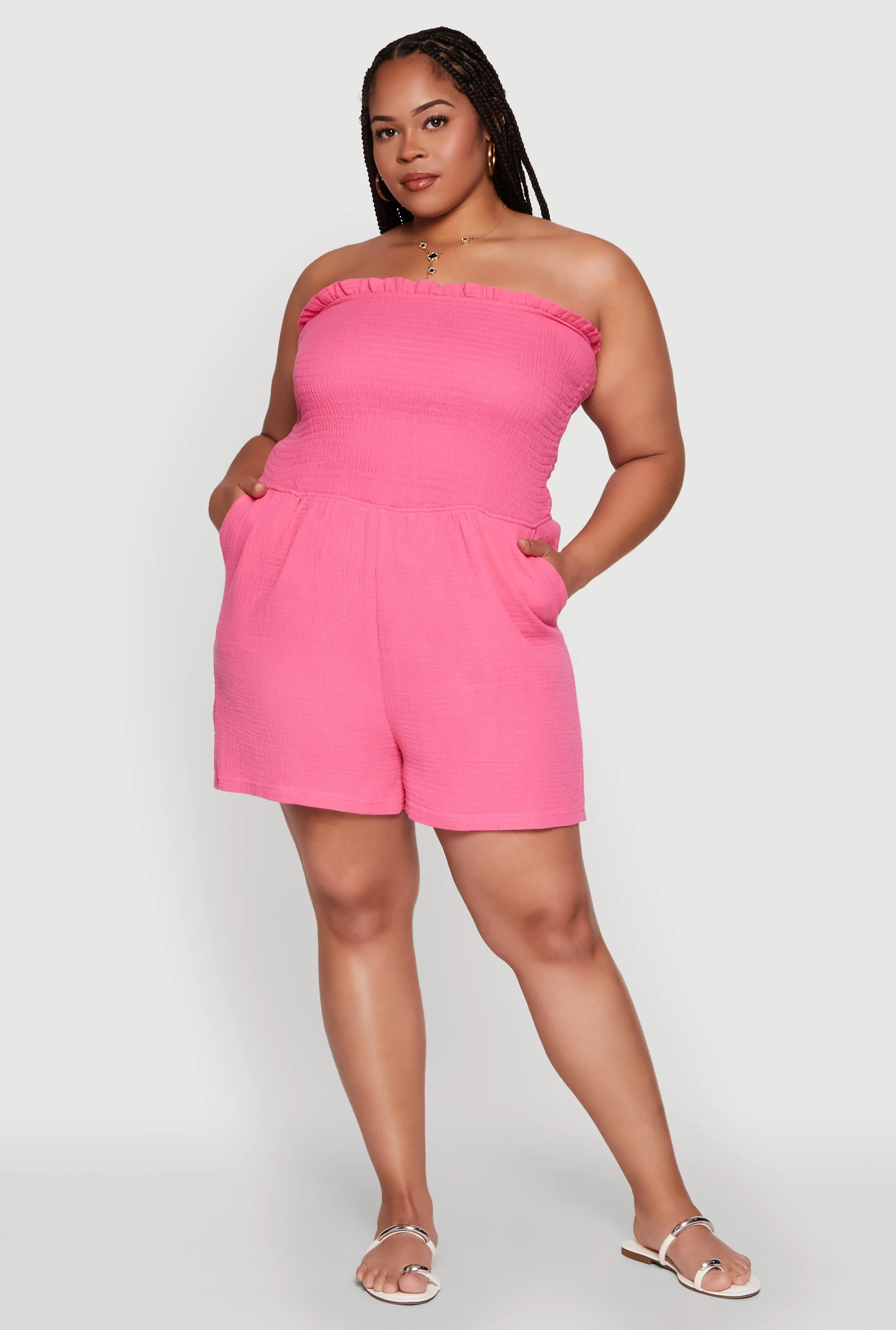 Plus Size Textured Knit Strapless Smocked Romper sold by Rainbow