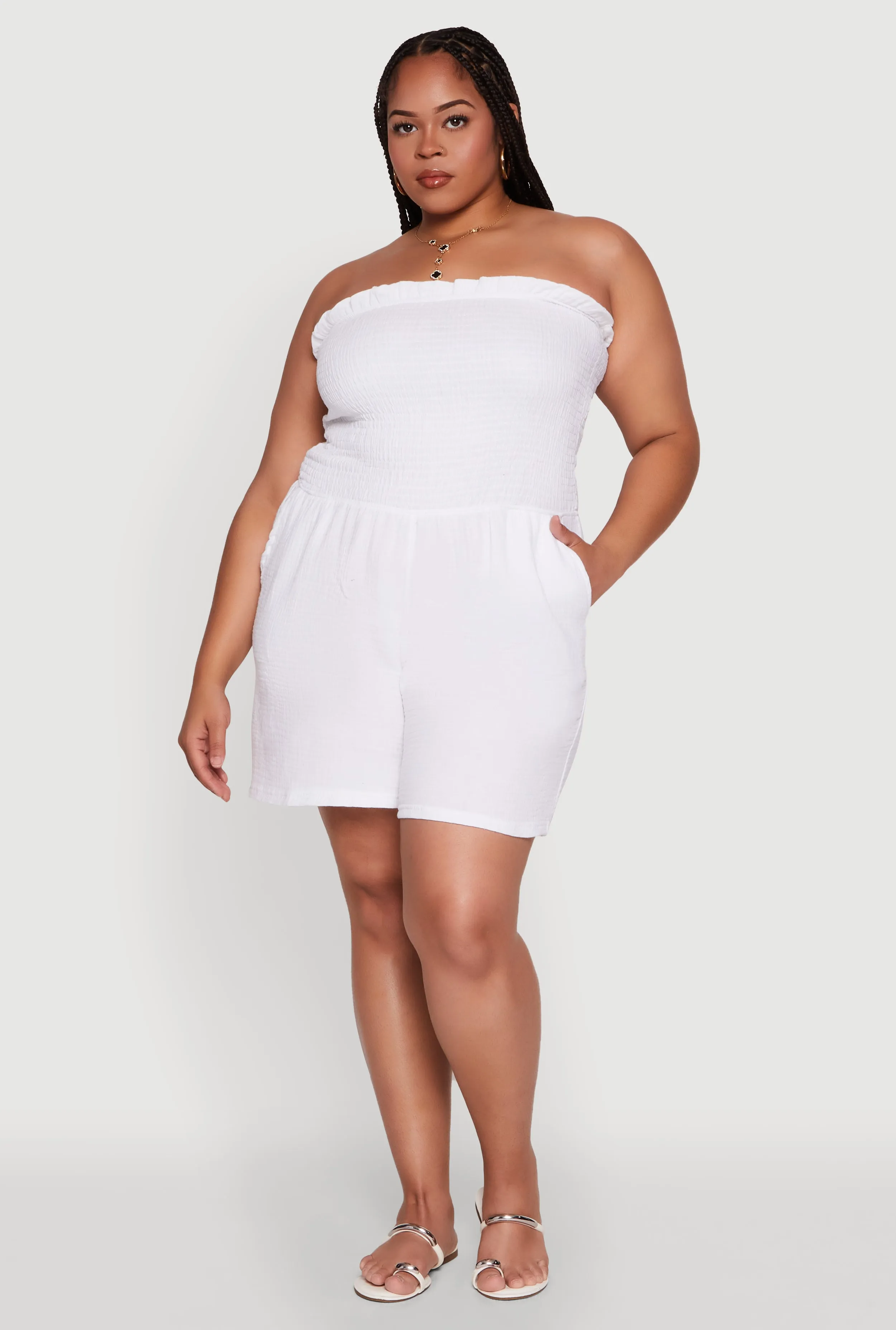 Plus Size Textured Knit Strapless Smocked Romper sold by Rainbow