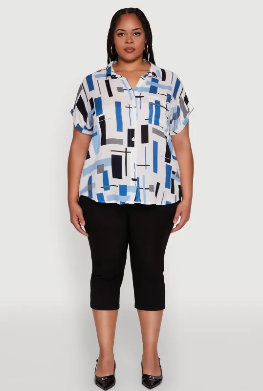 Plus Size Abstract Patterned Button Front High Low Shirt sold by Rainbow