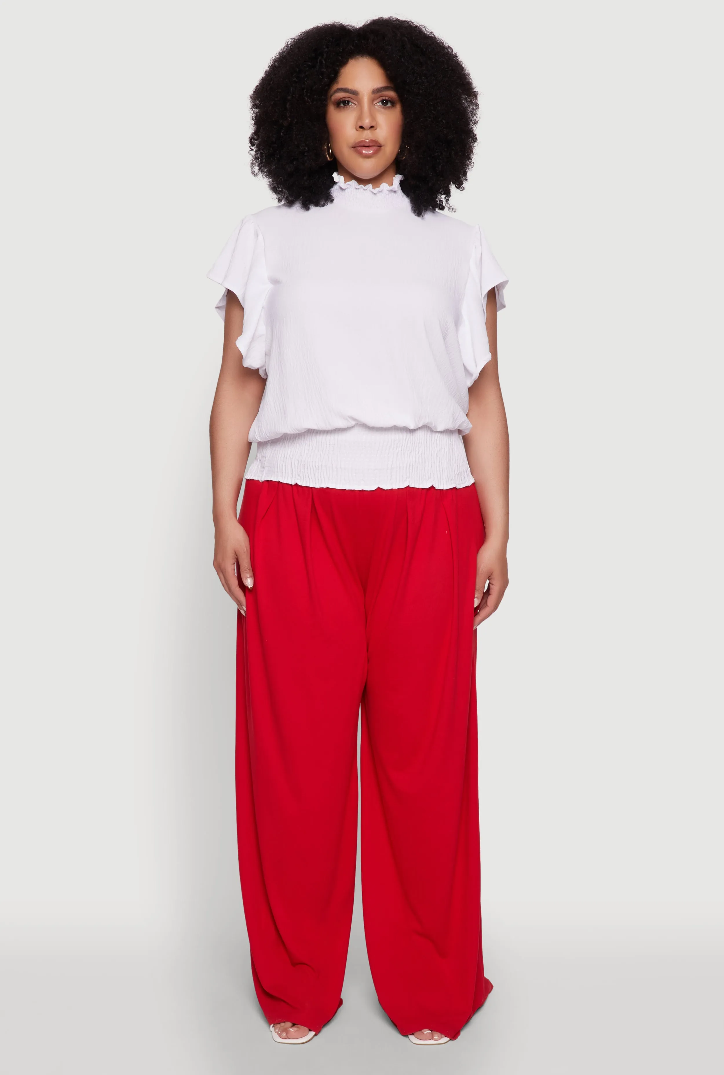 Plus Size Chic Crepe Knit Flutter Sleeves Mock Neck Blouse sold by Rainbow