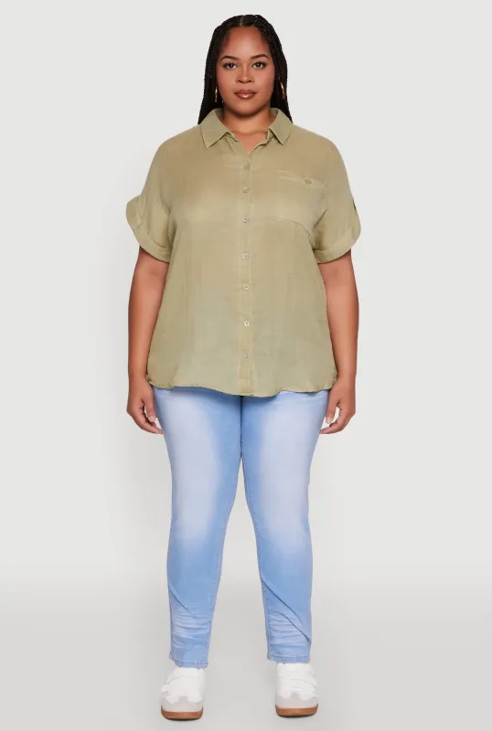Plus Size Short Sleeve Rolled Cuff Shirt made by Rainbow