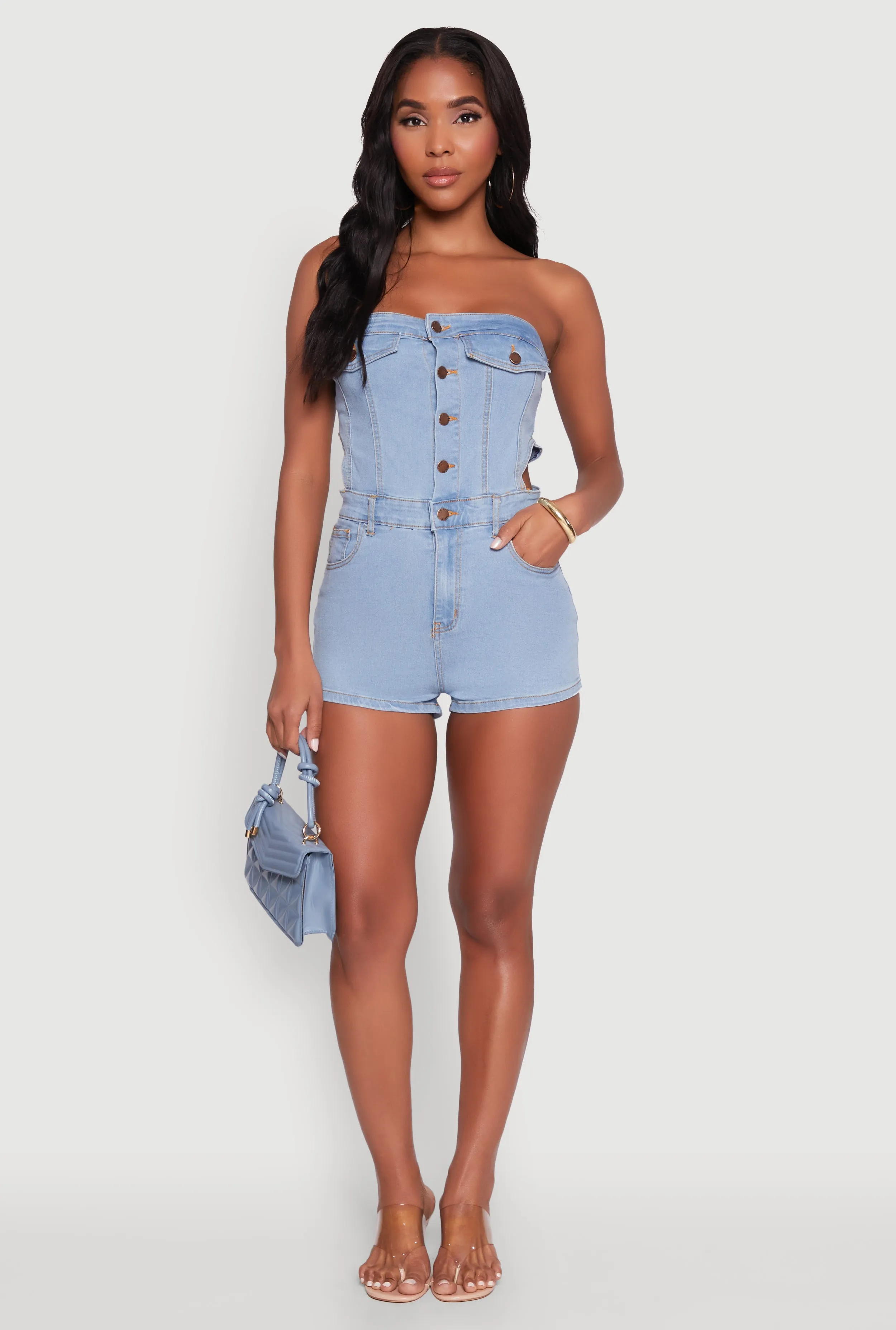 Daisy Denim Strapless Romper with Side Cut Outs sold by Rainbow