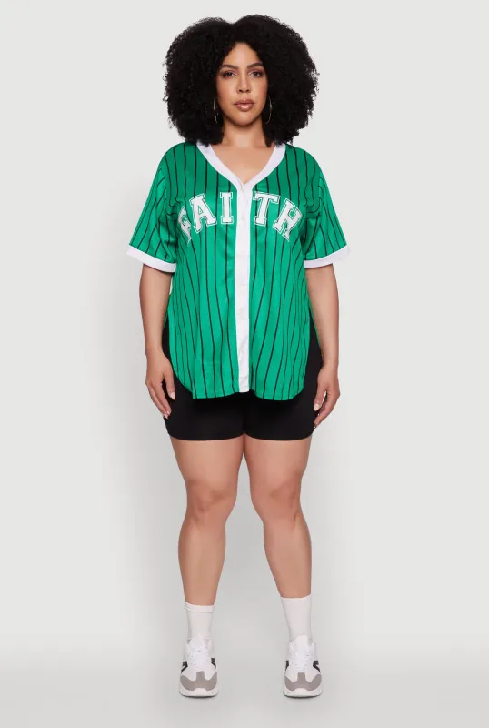 Plus Size Contrast Trim Faith Graphic Baseball Tee sold by Rainbow