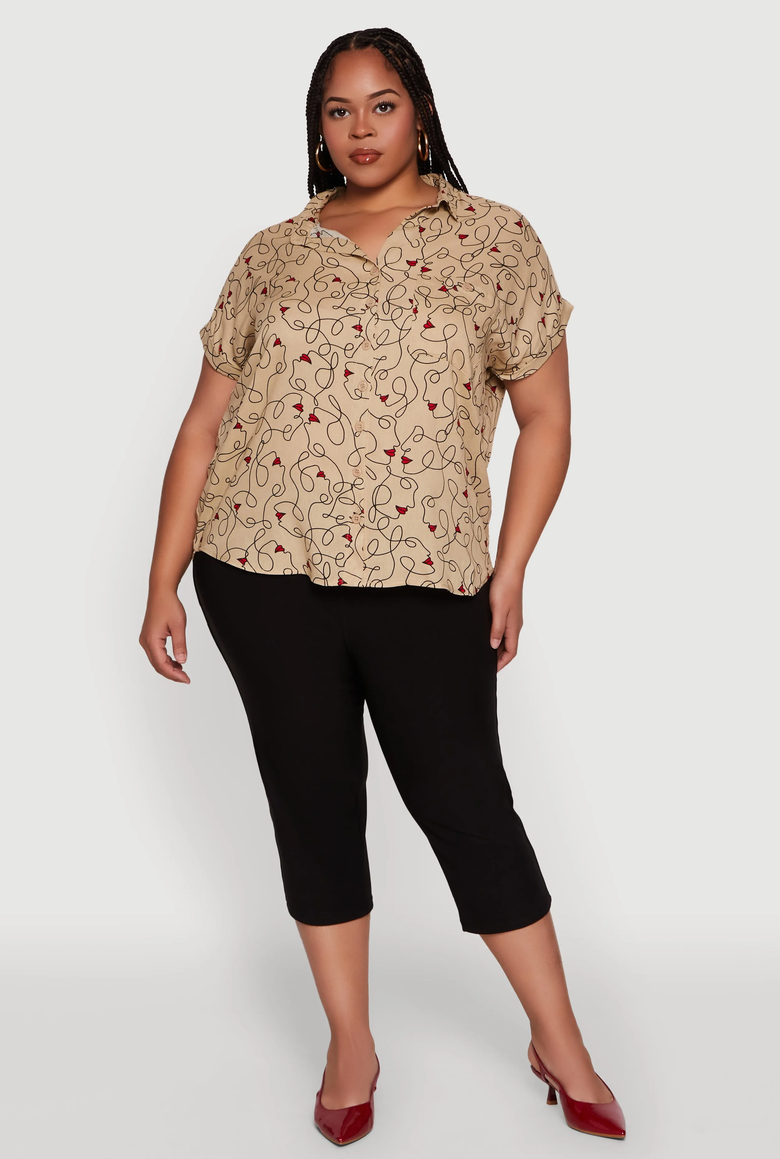 Plus Size Swirl Face Print Button Front Shirt sold by Rainbow
