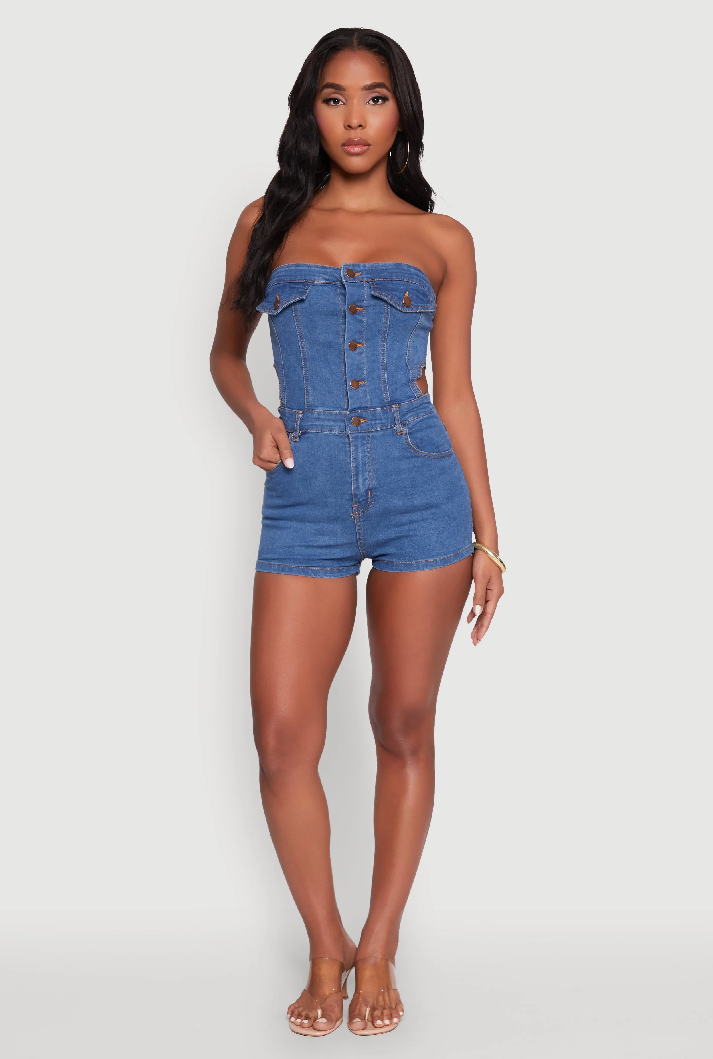 Daisy Denim Strapless Romper with Side Cut Outs sold by Rainbow