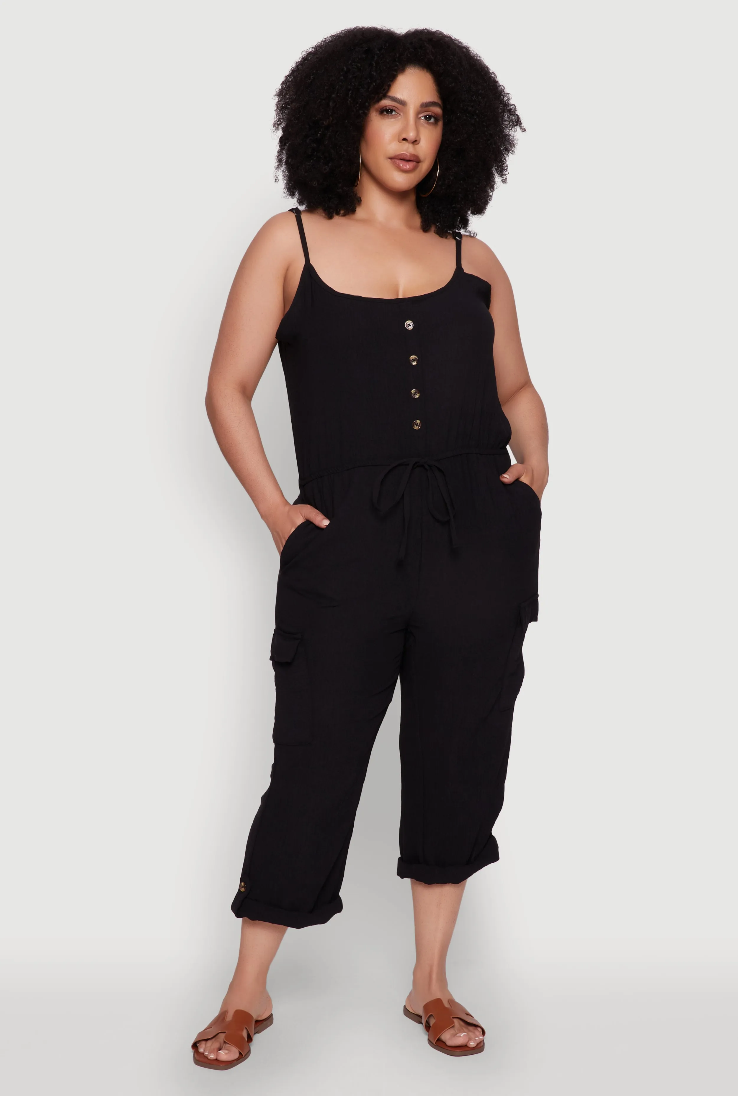 Plus Size Sleeveless Cargo Jumpsuit with Rolled Cuffs sold by Rainbow