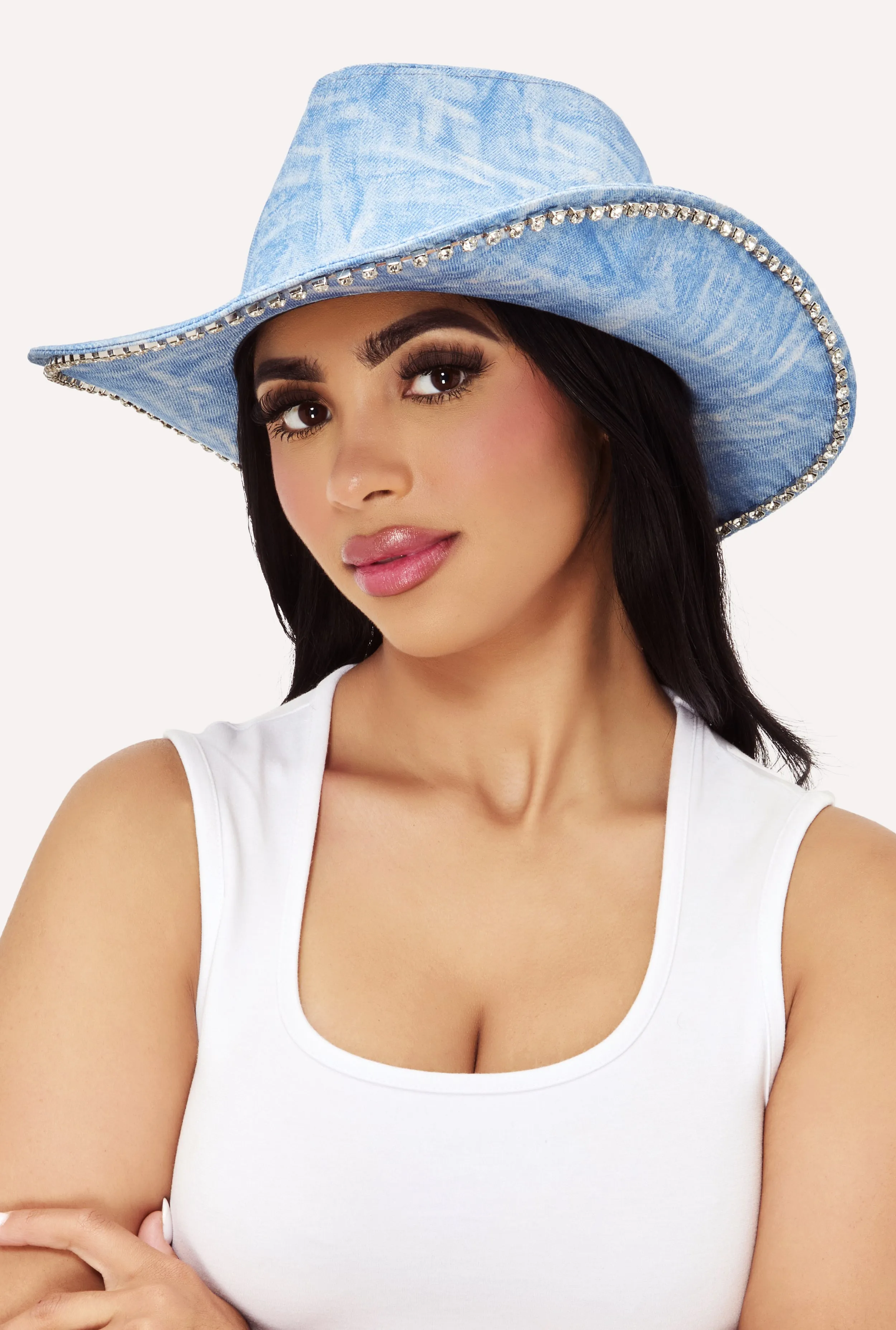 Rhinestone Trim Denim Print Cowboy Hat sold by Rainbow product image thumbnail 2