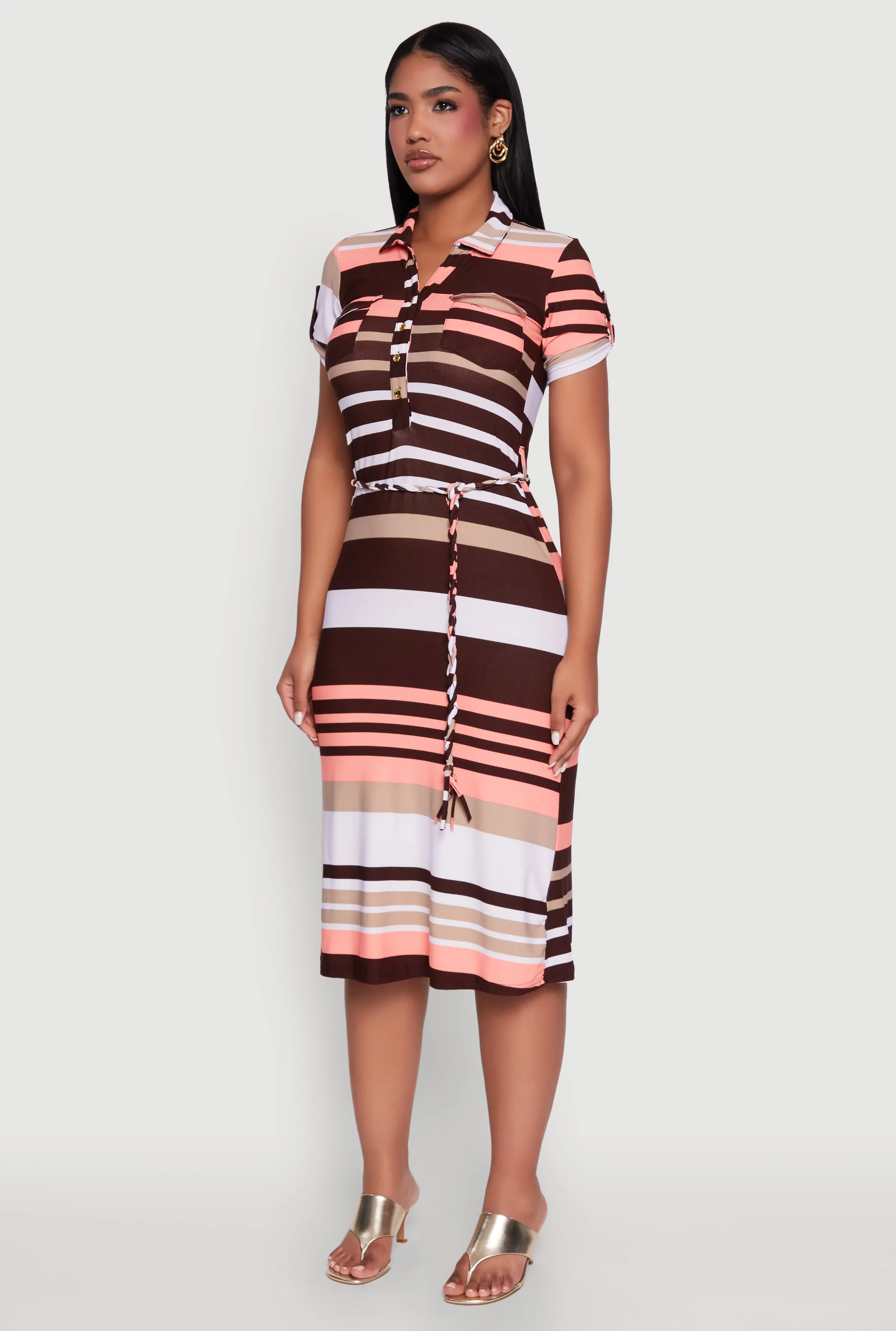 Stylish Tie Waist Belted Tabbed Sleeve Shirt Dress sold by Rainbow product image thumbnail 3