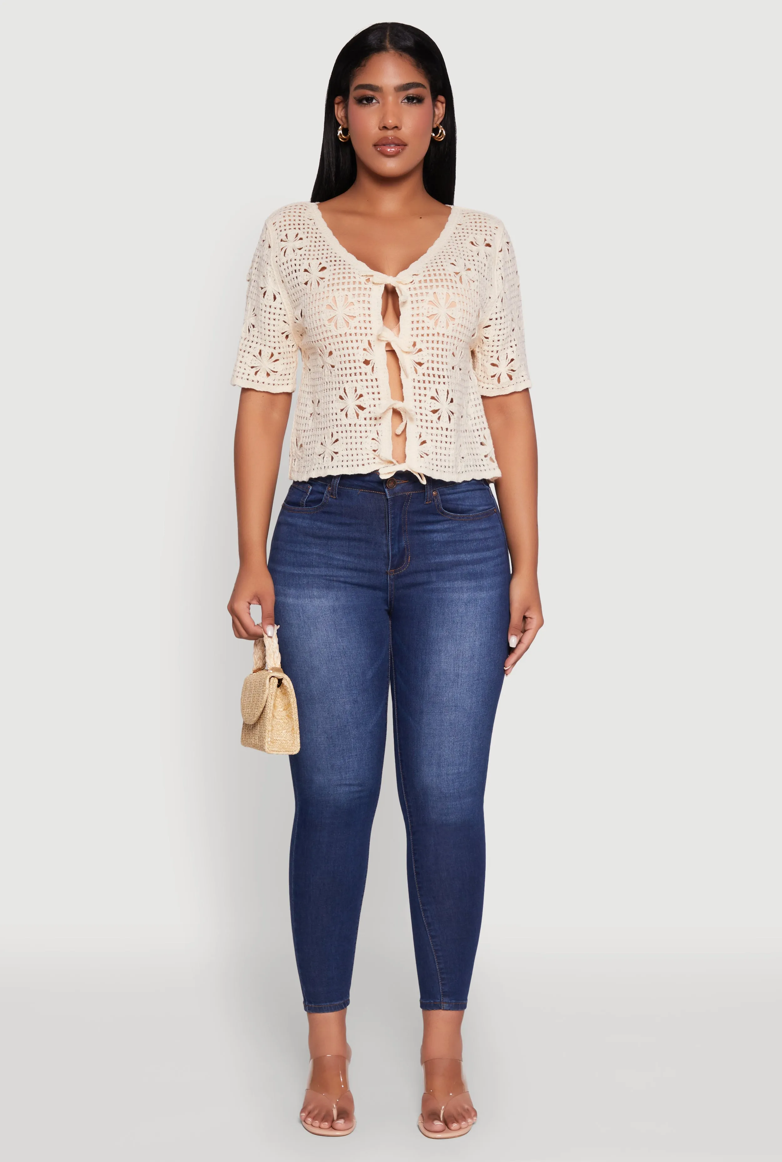 Chic Crochet Tie Front V Neck Cropped Cardigan sold by Rainbow product image thumbnail 3