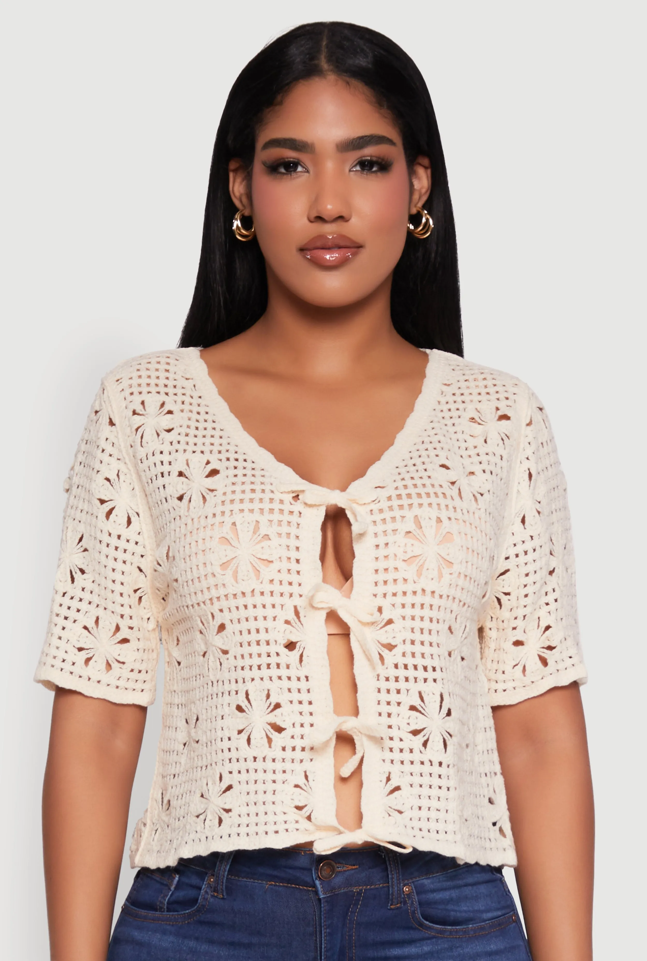 Chic Crochet Tie Front V Neck Cropped Cardigan sold by Rainbow product image thumbnail 2
