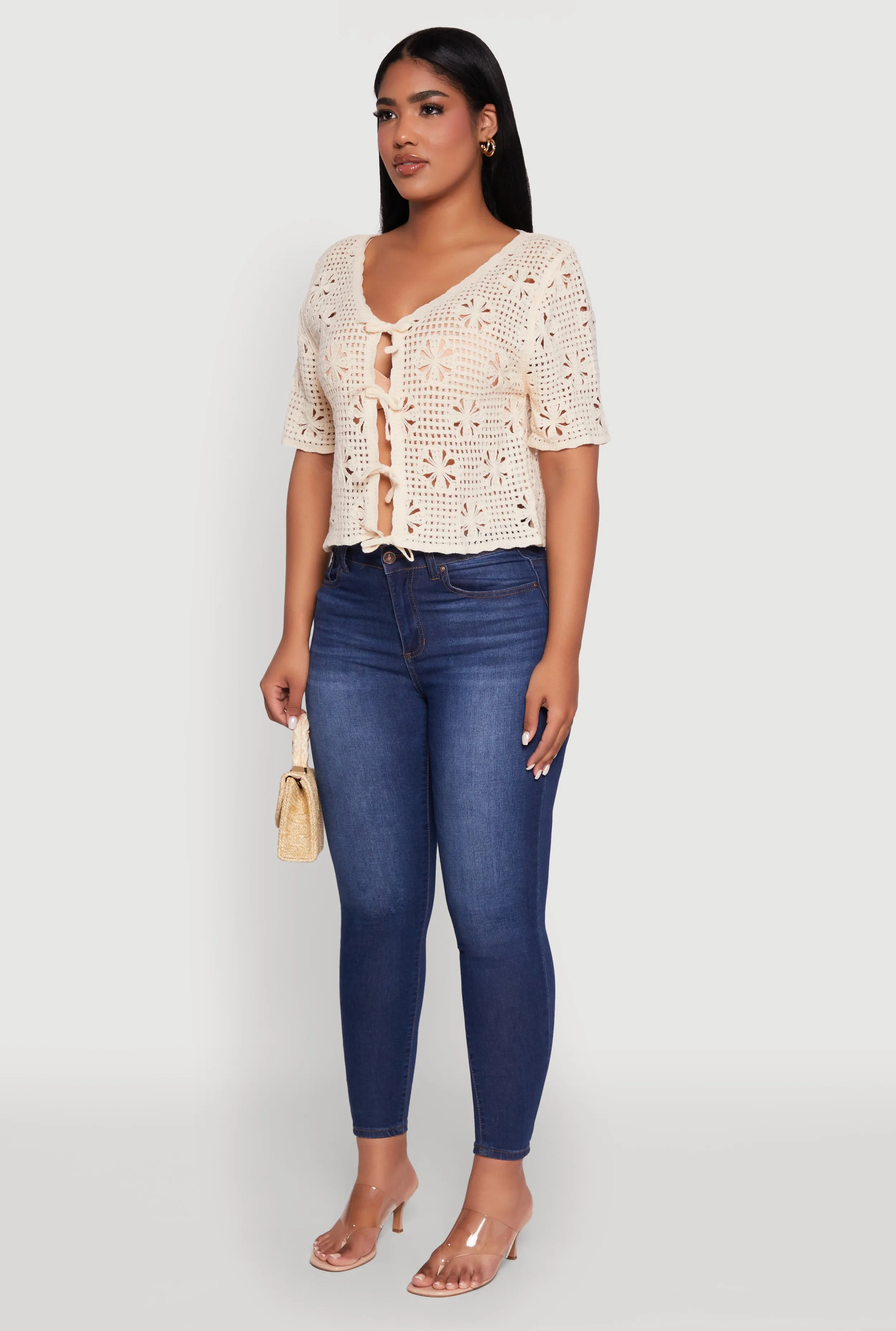 Chic Crochet Tie Front V Neck Cropped Cardigan sold by Rainbow product image thumbnail 5