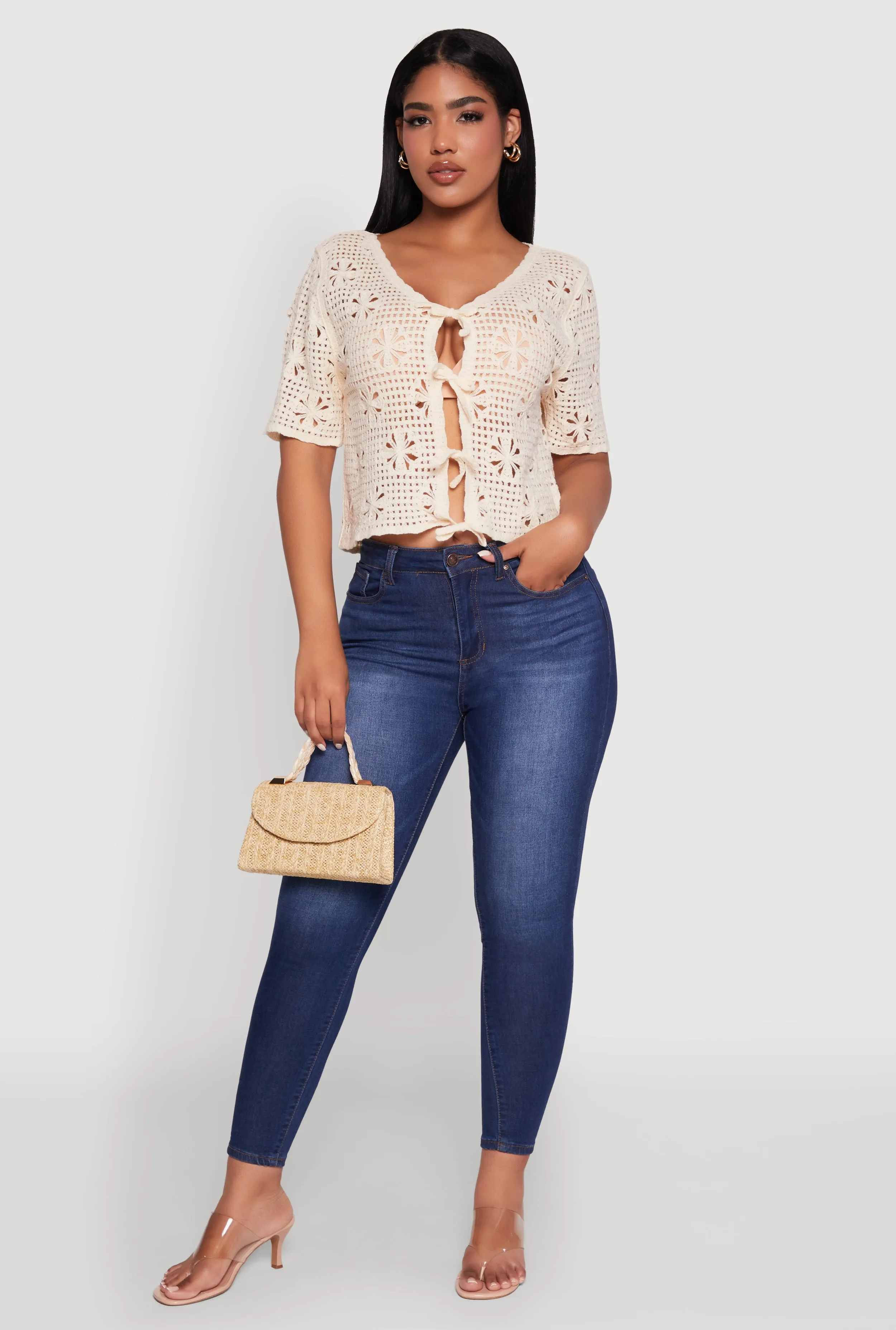 Chic Crochet Tie Front V Neck Cropped Cardigan sold by Rainbow