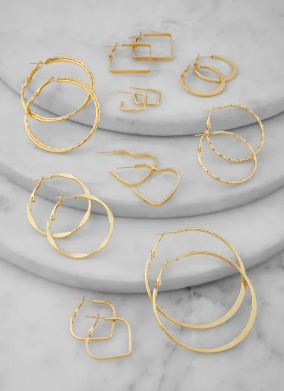 Metallic Textured Shaped Hoop Earrings Set of 9 sold by Rainbow