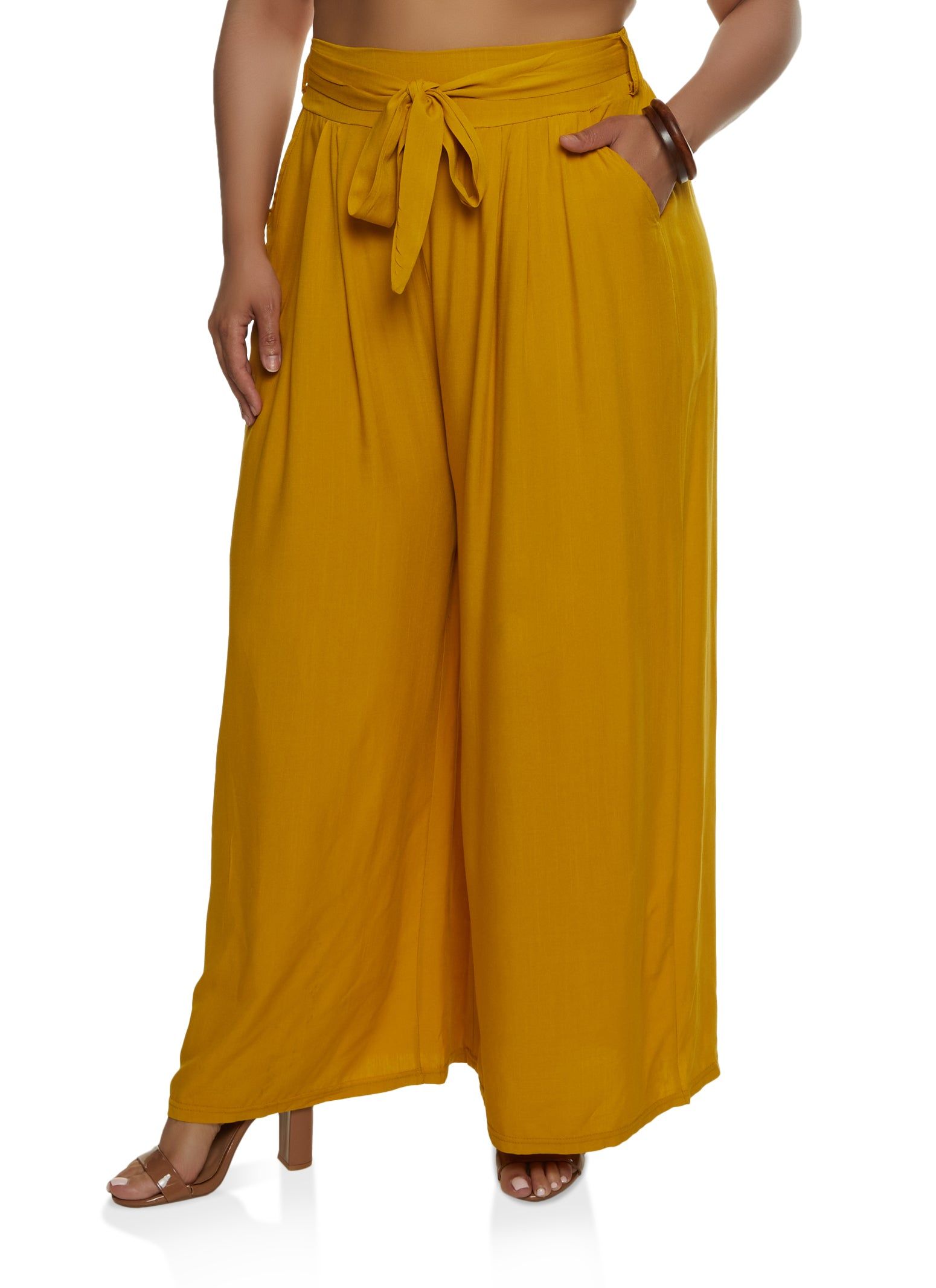 Plus Size Solid Tie Waist Belted Palazzo Pants sold by Rainbow