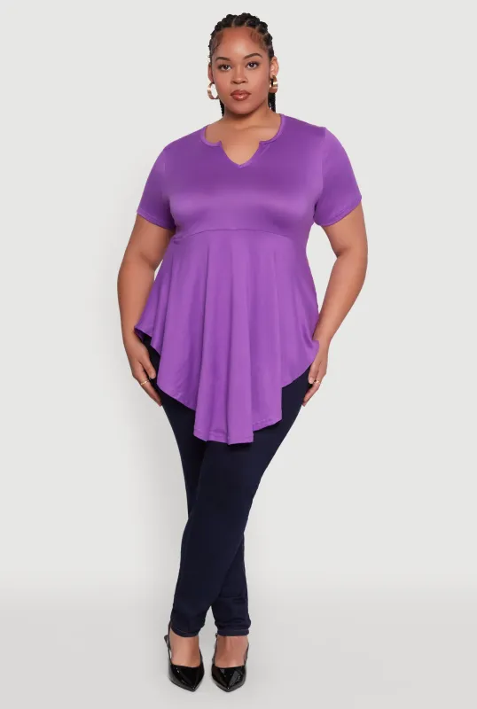 Plus Size Stylish Peplum Top with Notch Neck and Short Sleeves sold by Rainbow