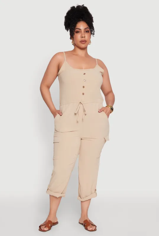 Plus Size Sleeveless Cargo Jumpsuit with Rolled Cuffs made by Rainbow